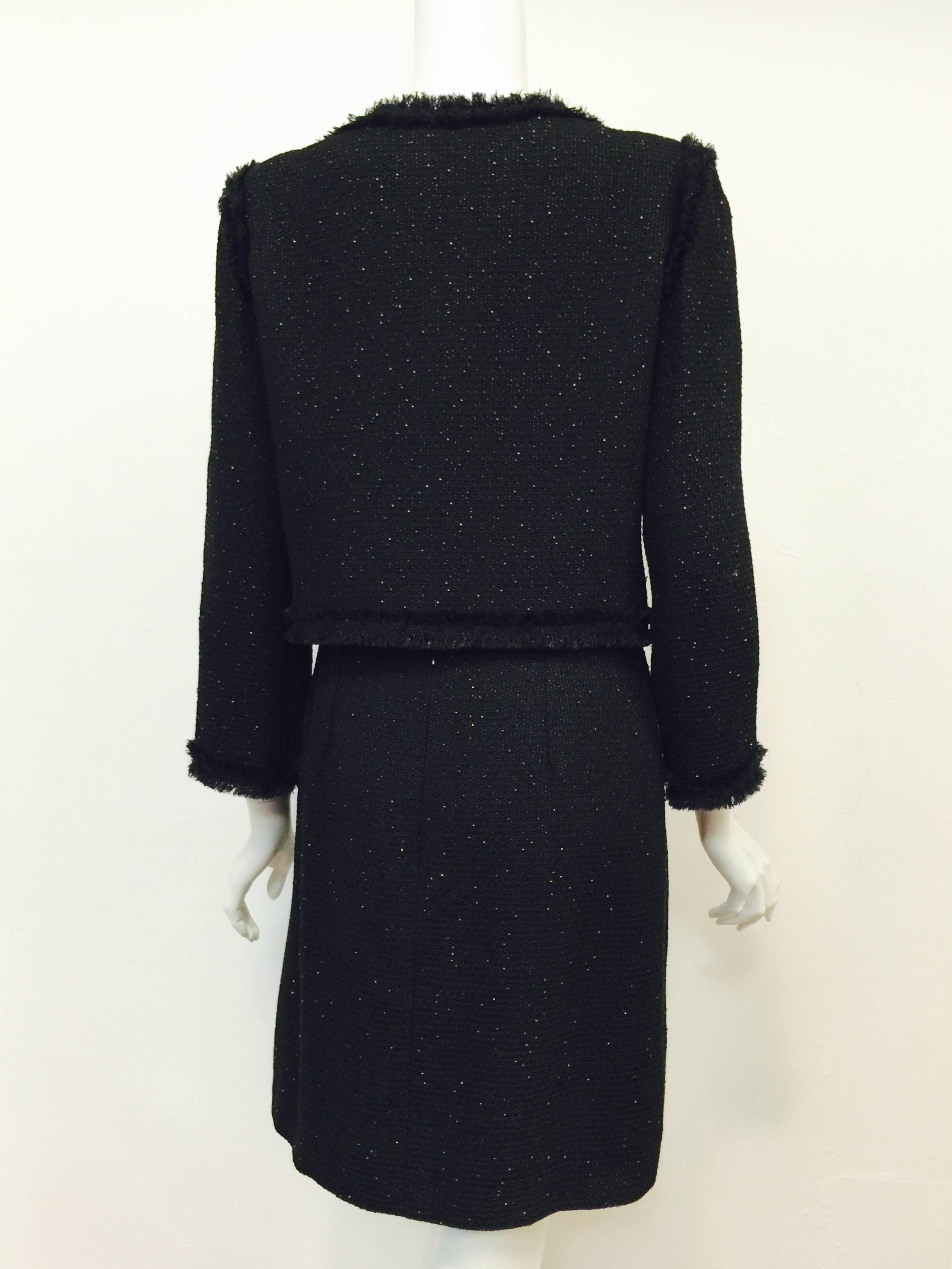 Chanel Black Wool Blend Waffle Weave Skirt Suit With Metallic Bead Embroidery In Excellent Condition For Sale In Palm Beach, FL
