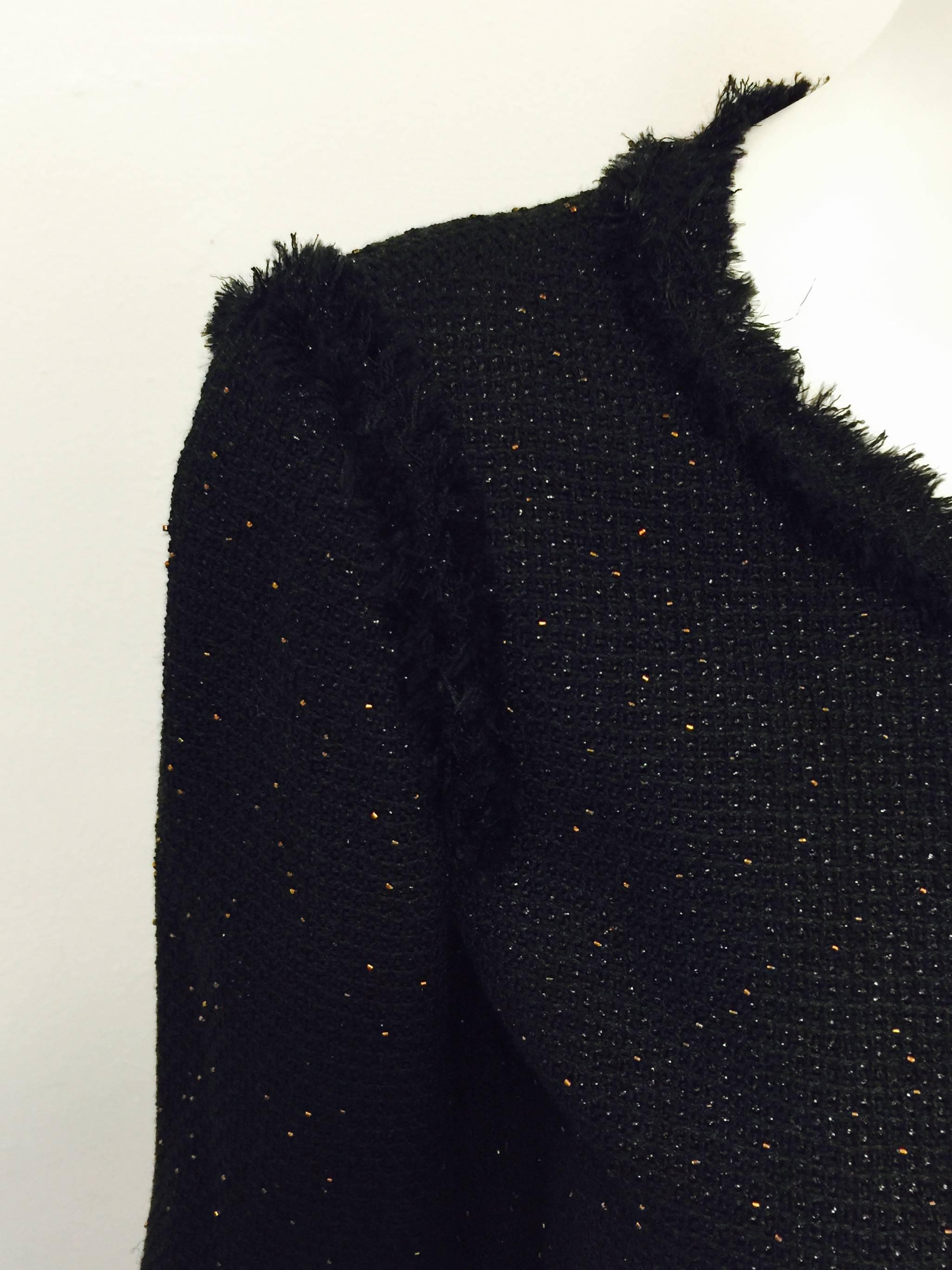 Chanel Black Wool Blend Waffle Weave Skirt Suit With Metallic Bead Embroidery For Sale 2