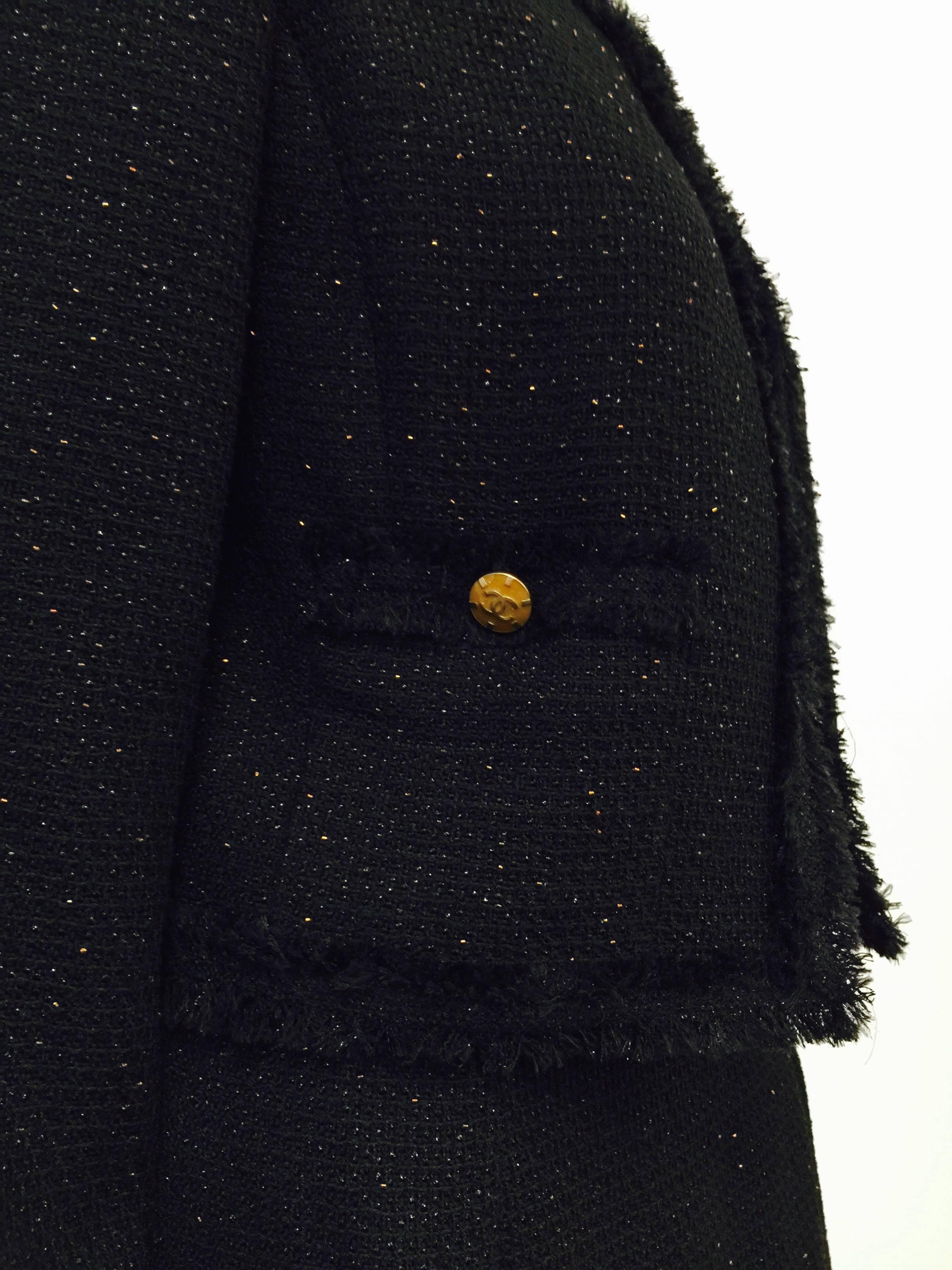 Chanel Black Wool Blend Waffle Weave Skirt Suit With Metallic Bead Embroidery For Sale 3