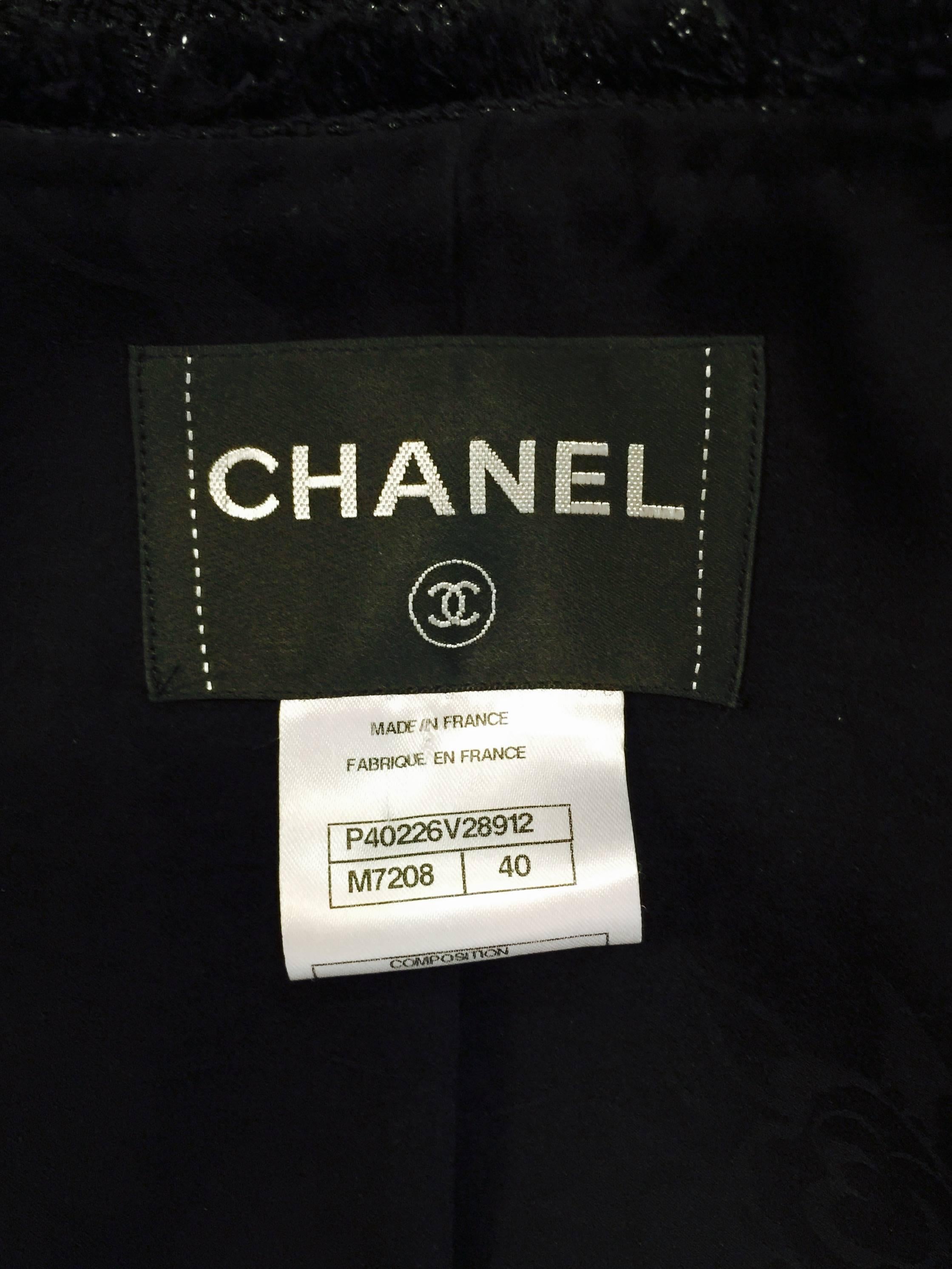 Chanel Black Wool Blend Waffle Weave Skirt Suit With Metallic Bead Embroidery For Sale 4