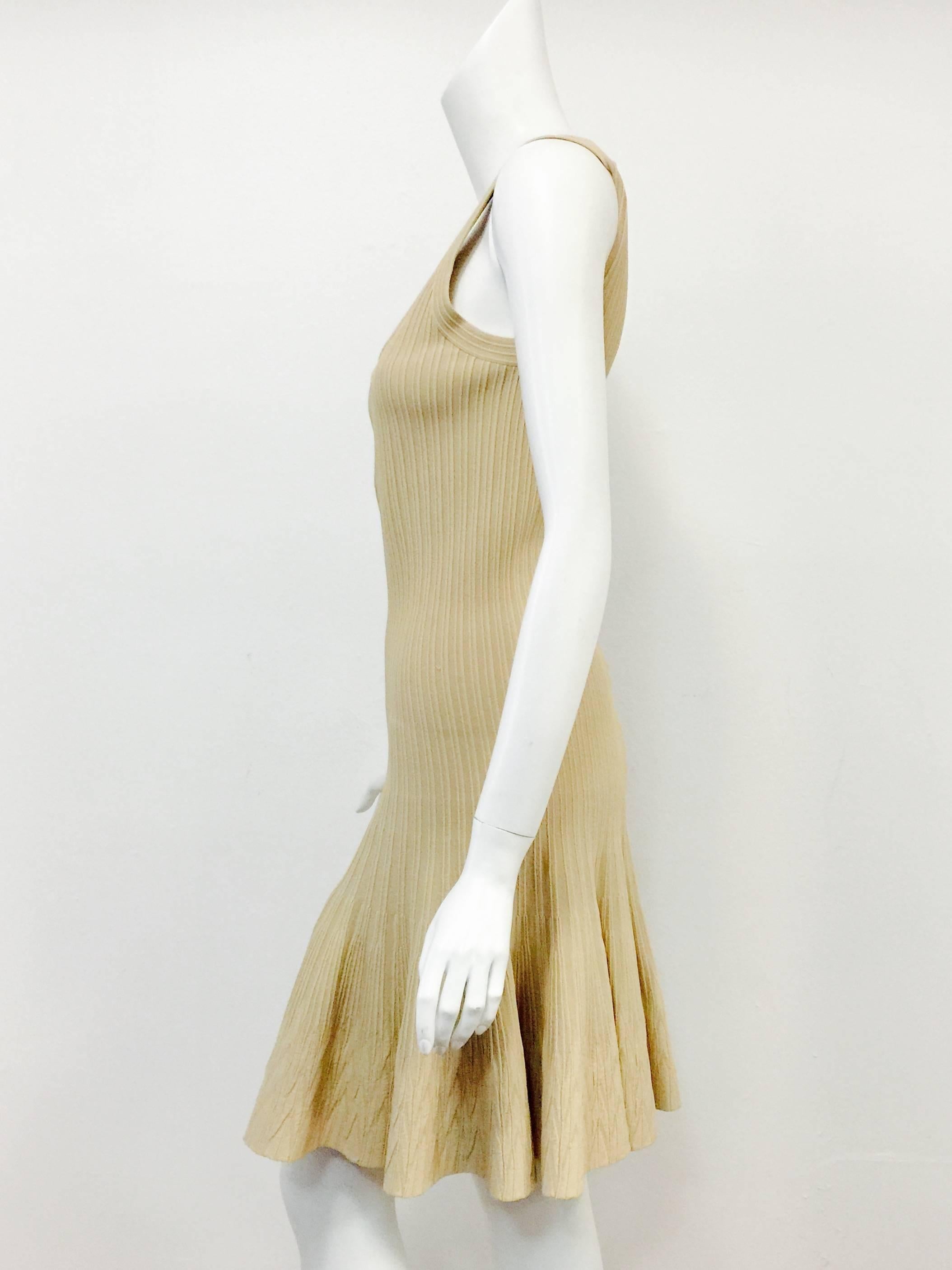 Beige Alaia Paris Butter Cream Sleeveless Body Conscious Dress With Flounce Skirt  For Sale
