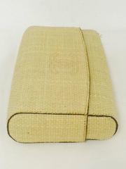 1990s Chanel Tan Raffia Clutch With Burgundy Leather and Fabric Interior