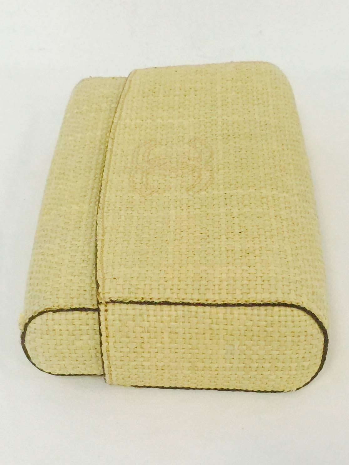 Women's 1990s Chanel Tan Raffia Clutch With Burgundy Leather and Fabric Interior