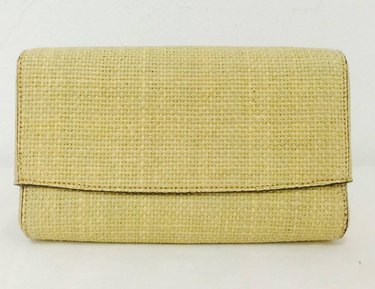 1990s Chanel Tan Raffia Clutch With Burgundy Leather and Fabric Interior 1