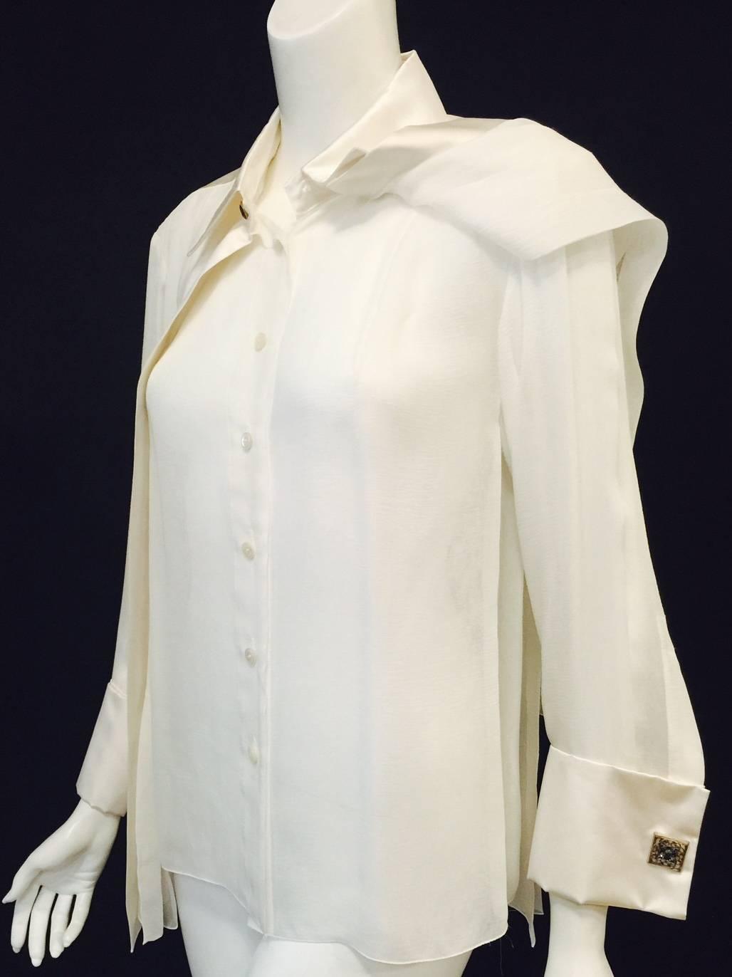 Classic Chanel Pleated Ivory Silk and Silk Satin Blouse With French ...