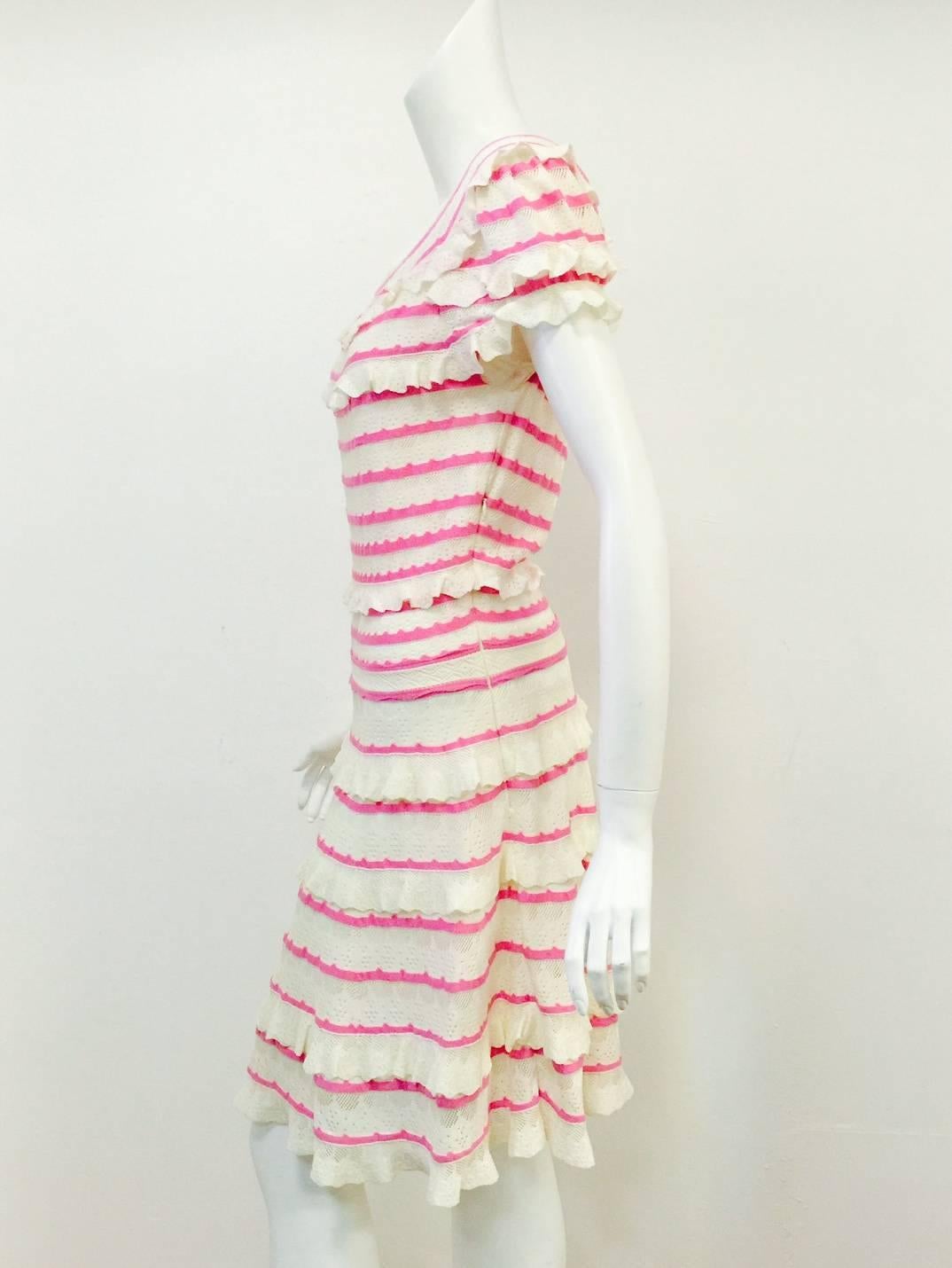 Christian Dior Ivory and Pink Lace Knit Short Sleeve Dress W Bateau Neckline In Excellent Condition In Palm Beach, FL