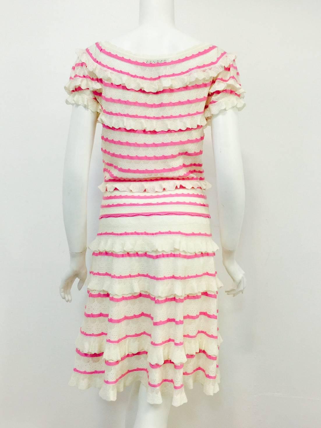 Beige Christian Dior Ivory and Pink Lace Knit Short Sleeve Dress W Bateau Neckline