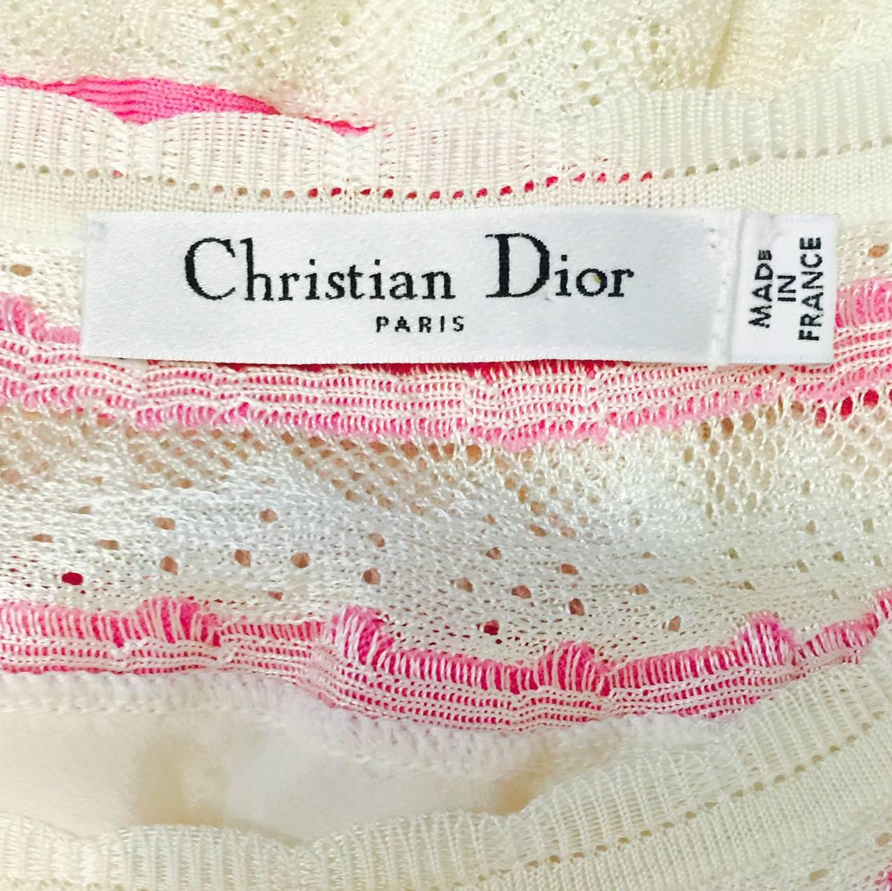 Christian Dior Ivory and Pink Lace Knit Short Sleeve Dress W Bateau Neckline 1