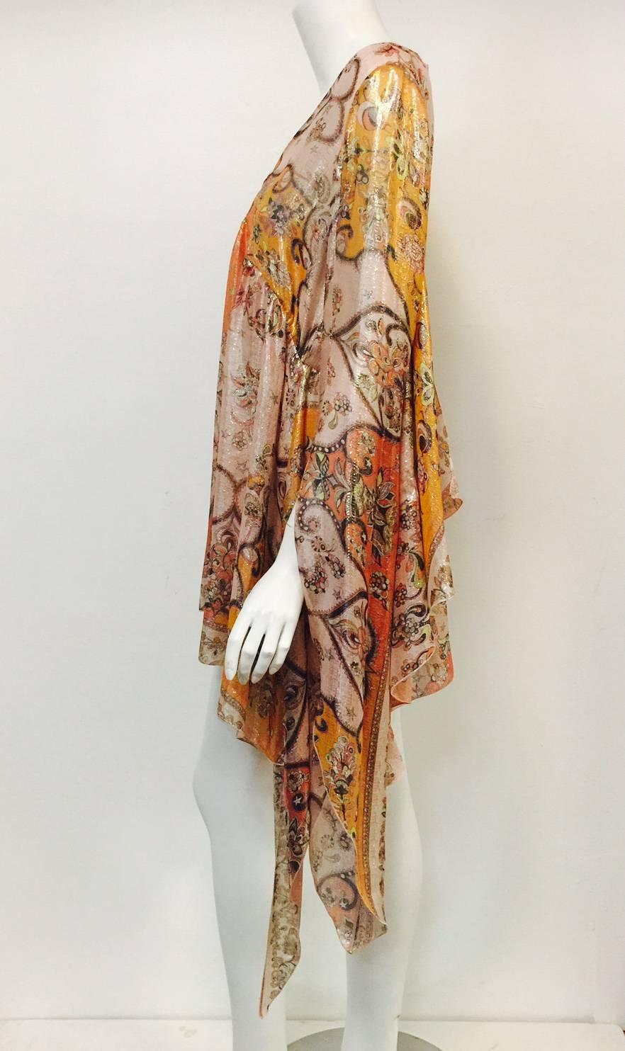 Brown Emilio Pucci Print Silk Blend Lame Tunic Dress With Butterfly Wing Sleeves