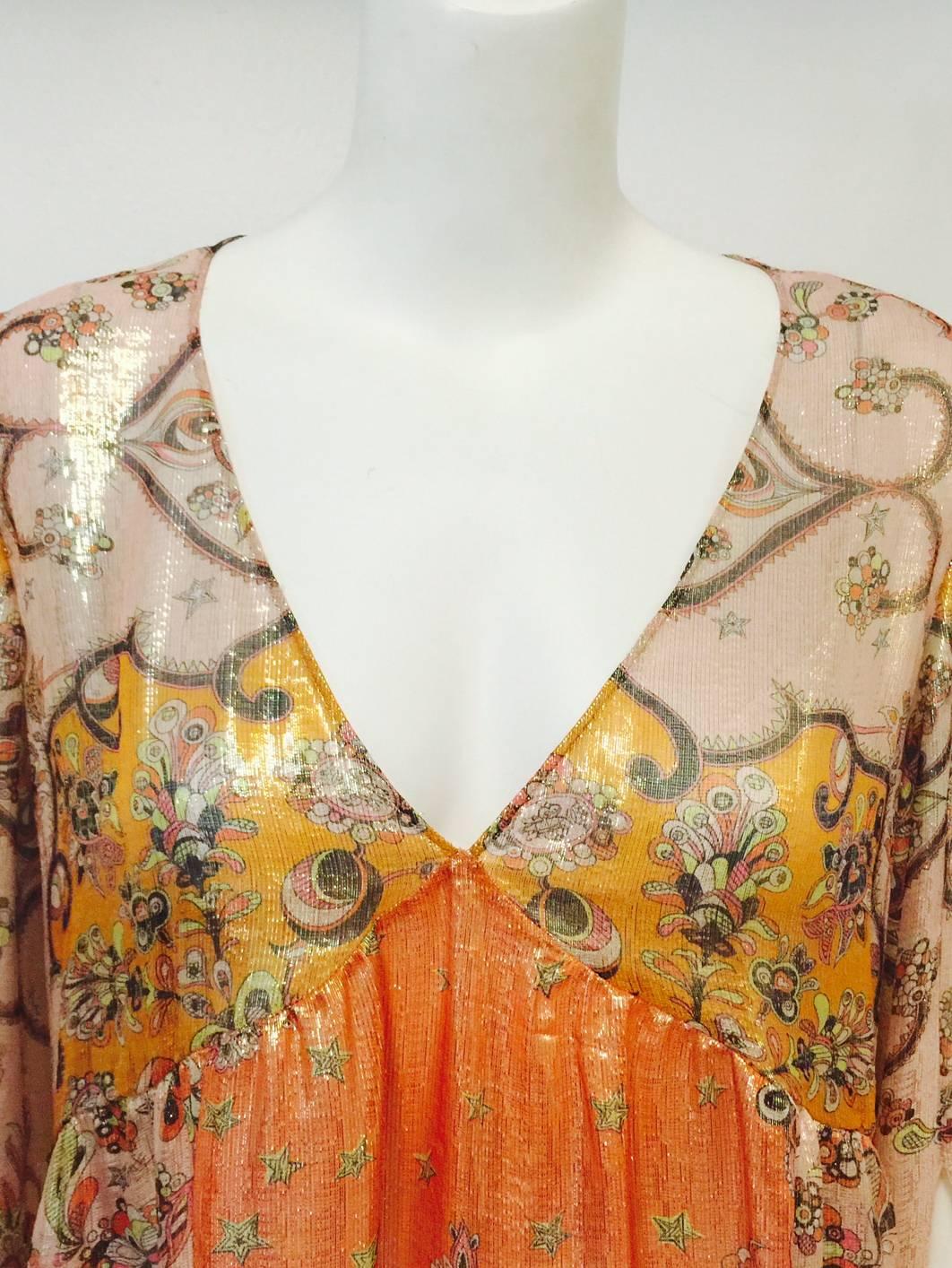 Emilio Pucci Print Silk Blend Lame Tunic Dress With Butterfly Wing Sleeves In Excellent Condition In Palm Beach, FL