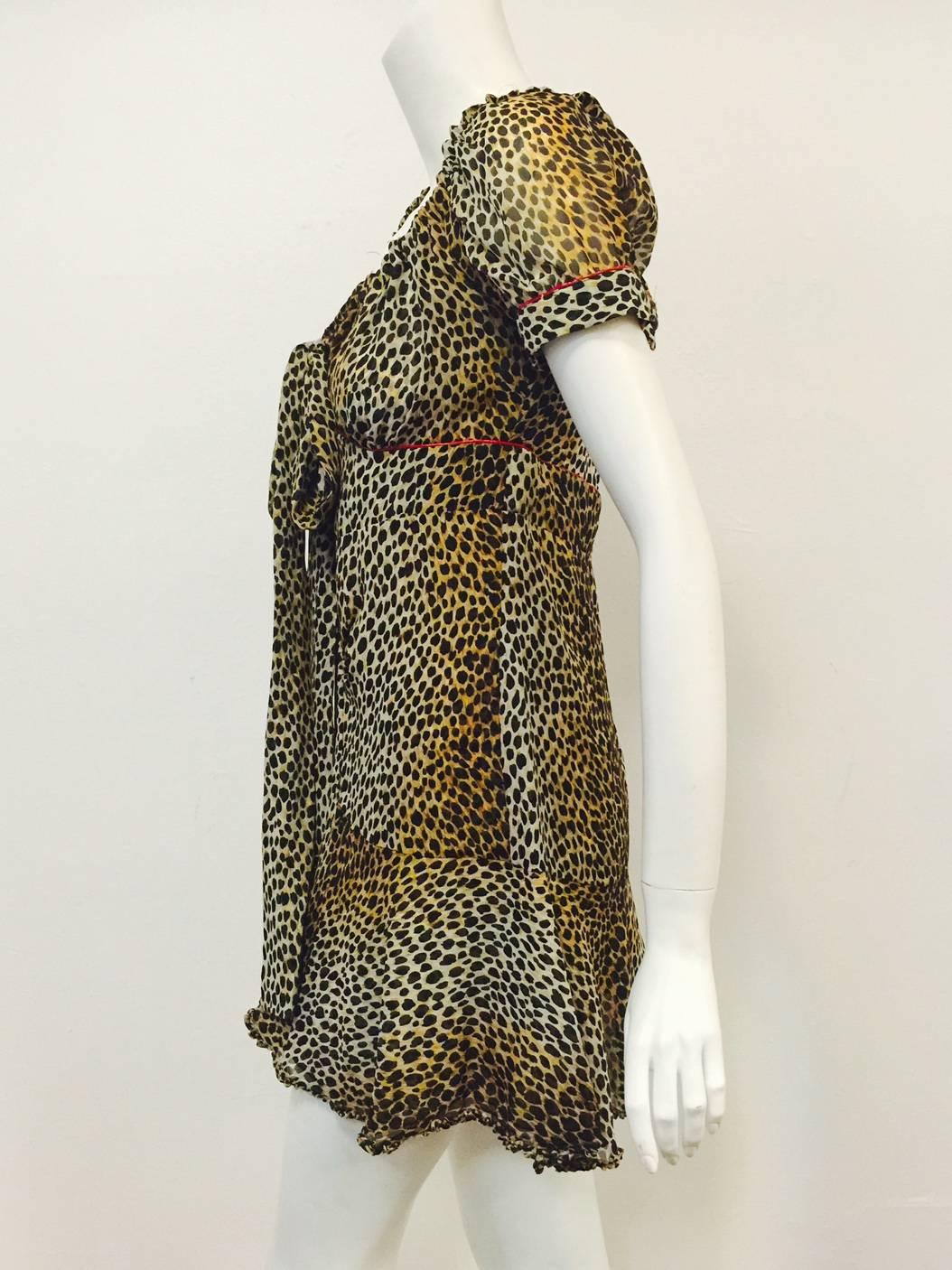 Black D&G Silk Leopard Print Empire Waist Dress With Tie and Pouf Short Sleeves