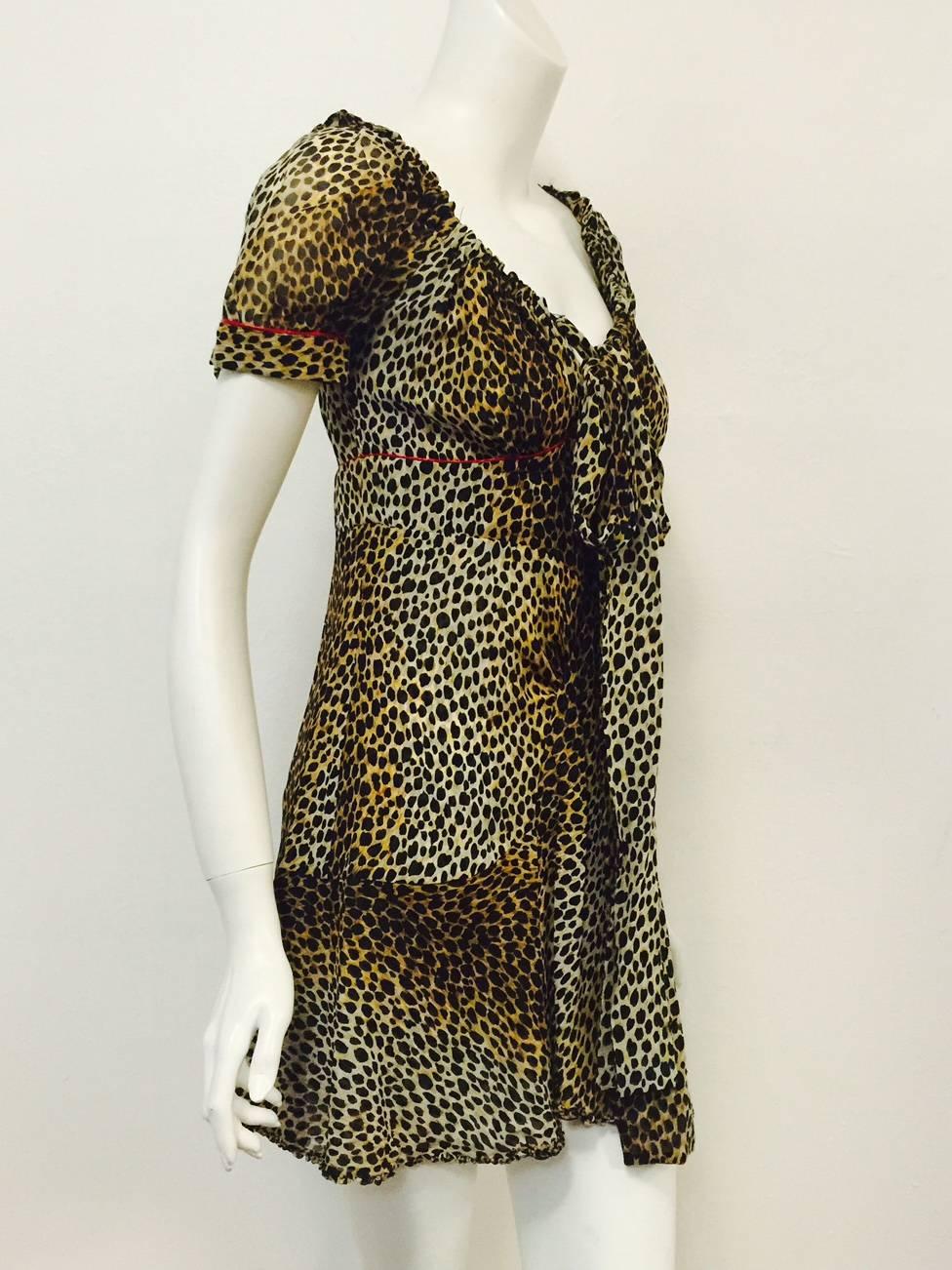 D&G Silk Leopard Print Empire Waist Dress With Tie and Pouf Short Sleeves In Excellent Condition In Palm Beach, FL