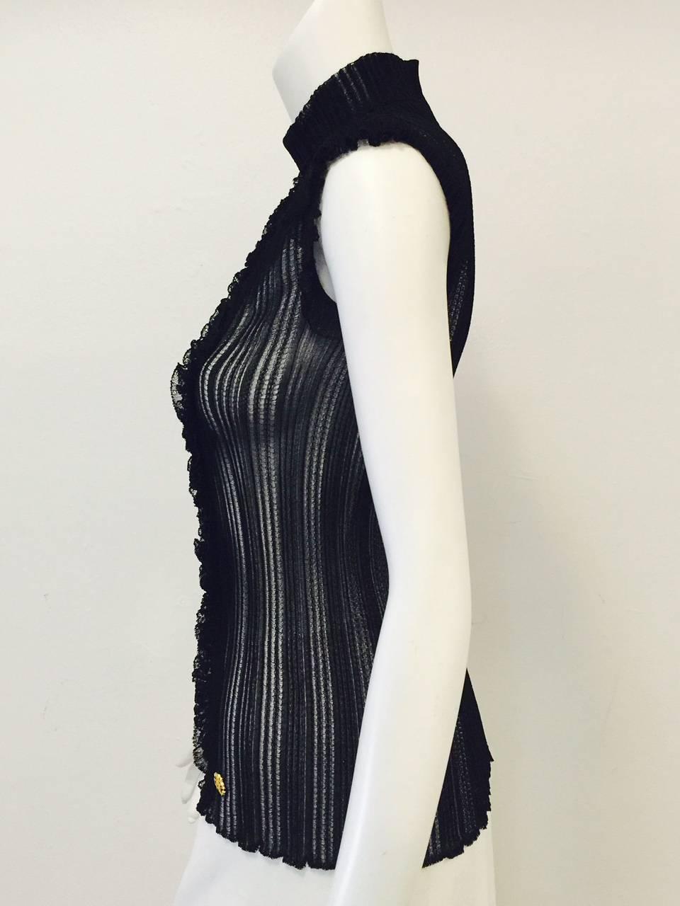 Women's Roberto Cavalli Black Stretch Lace Cap Sleeve Top With Mock Turtle Neck