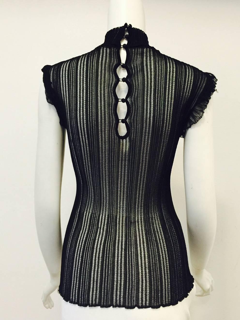 Roberto Cavalli Black Stretch Lace Cap Sleeve Top With Mock Turtle Neck In Excellent Condition In Palm Beach, FL