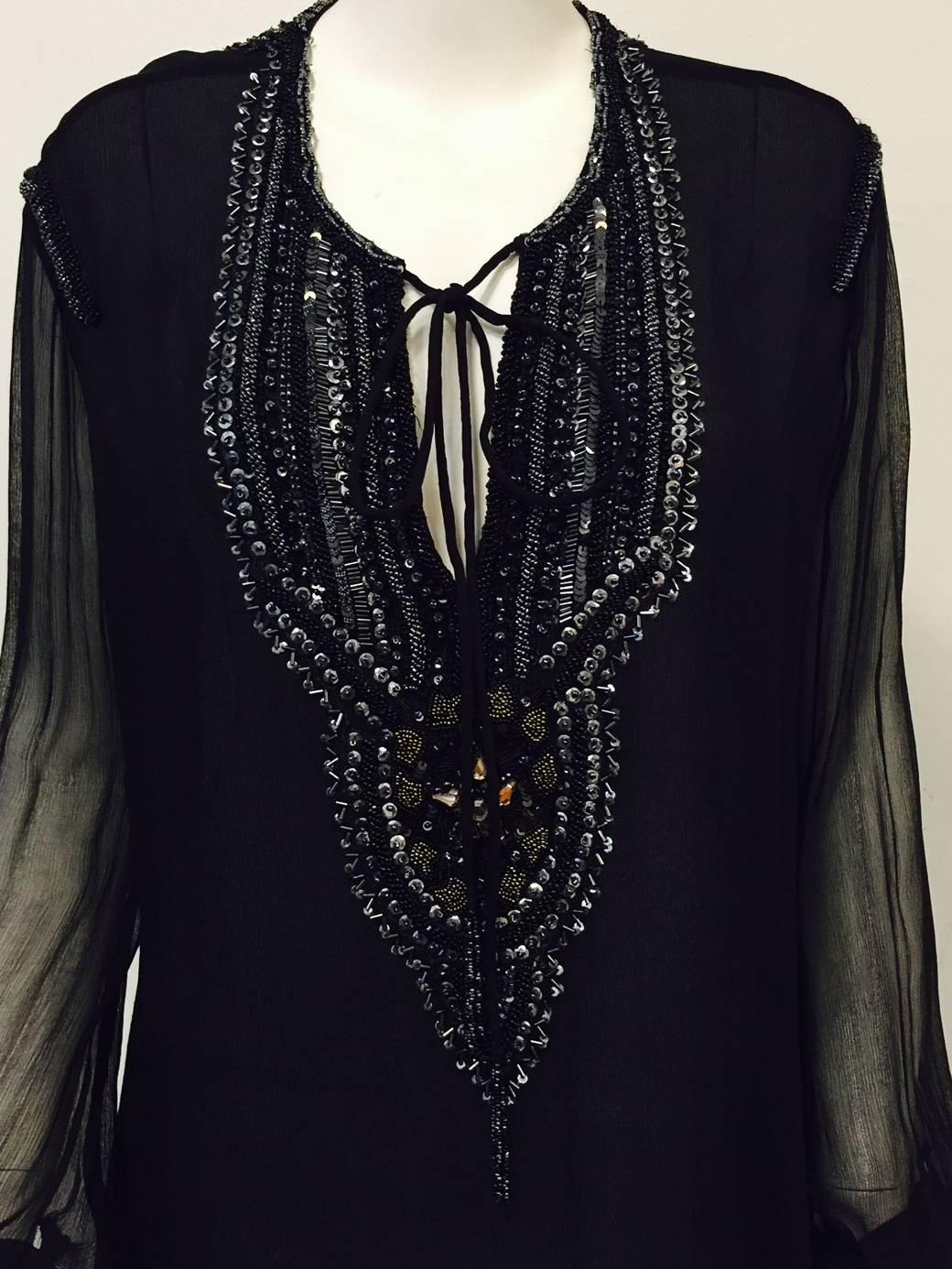 Just Cavalli Black Silk Tunic With Poet Sleeves and Metallic Embroidery  In Excellent Condition In Palm Beach, FL