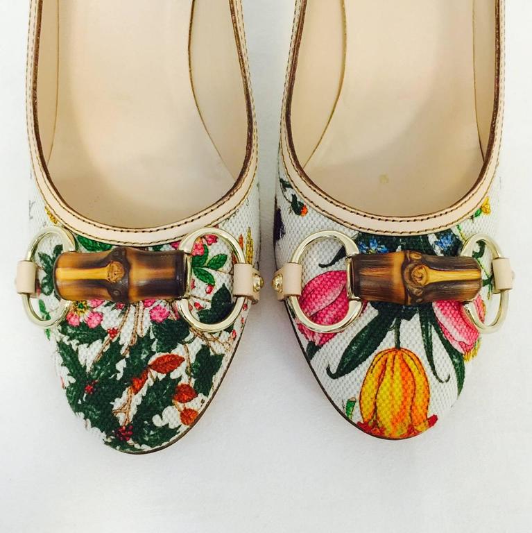 Gucci Ivory Floral Print Fabric Pumps With Bamboo Bits and Wooden Heels ...