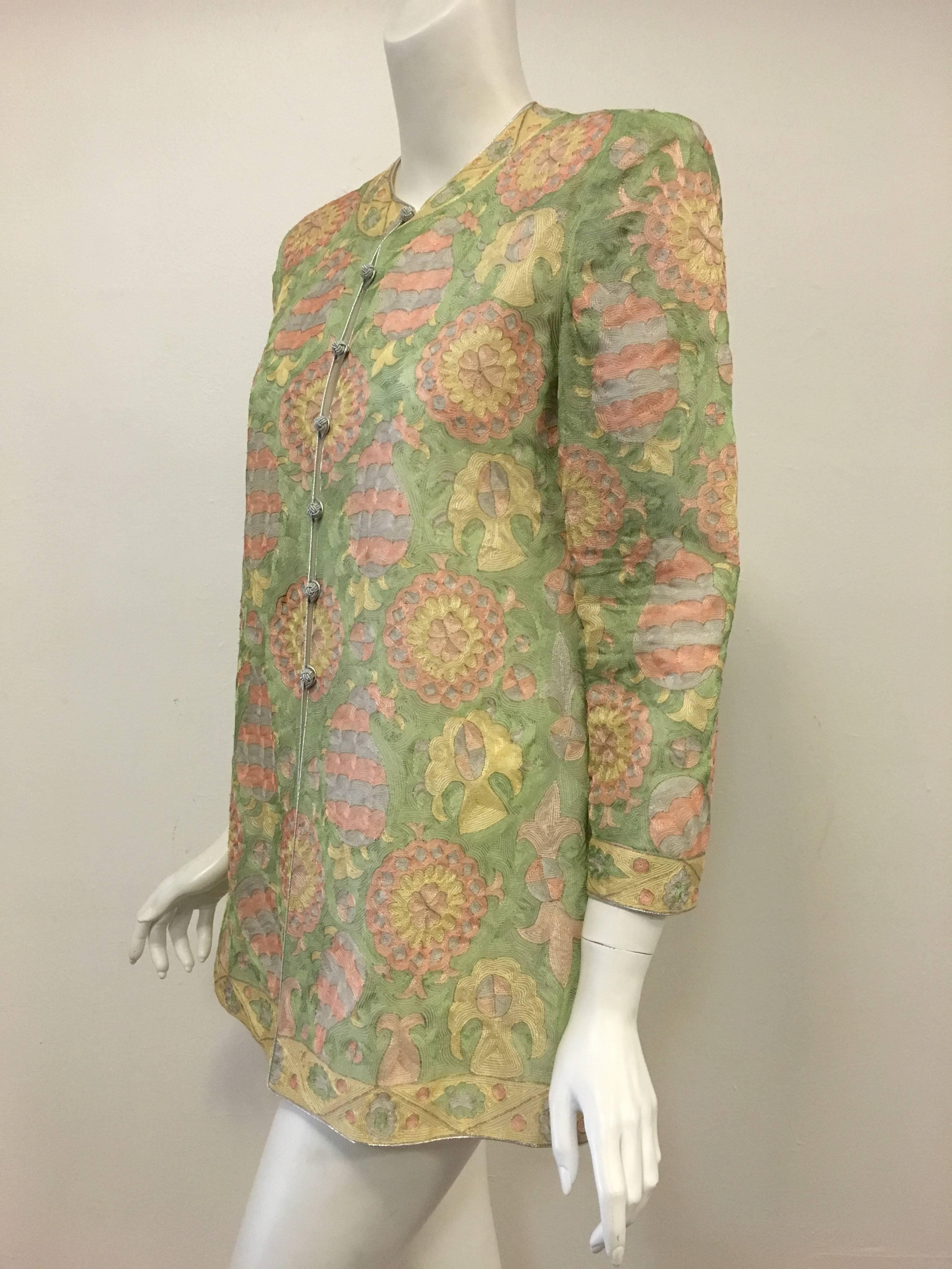 Mary McFadden Couture Pastel Embroidered Silk Jacket W Gold/Silver Thread In Excellent Condition In Palm Beach, FL