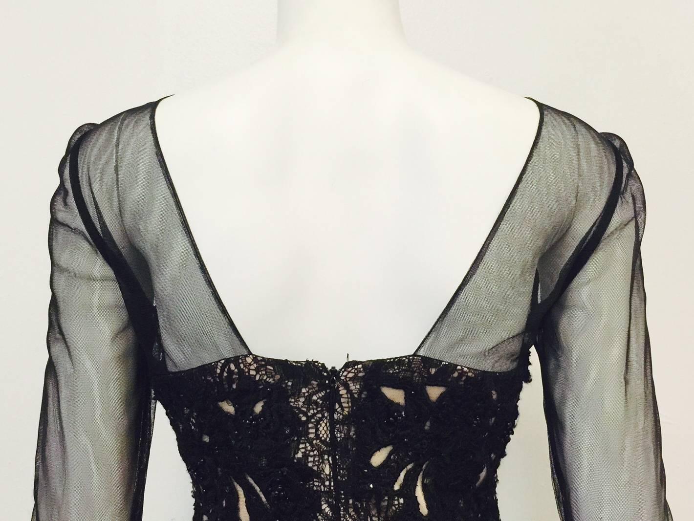 Mandalay Langärmeliges Schwarzes Cocktailkleid aus Spitze mit Perlen und Pailletten 2