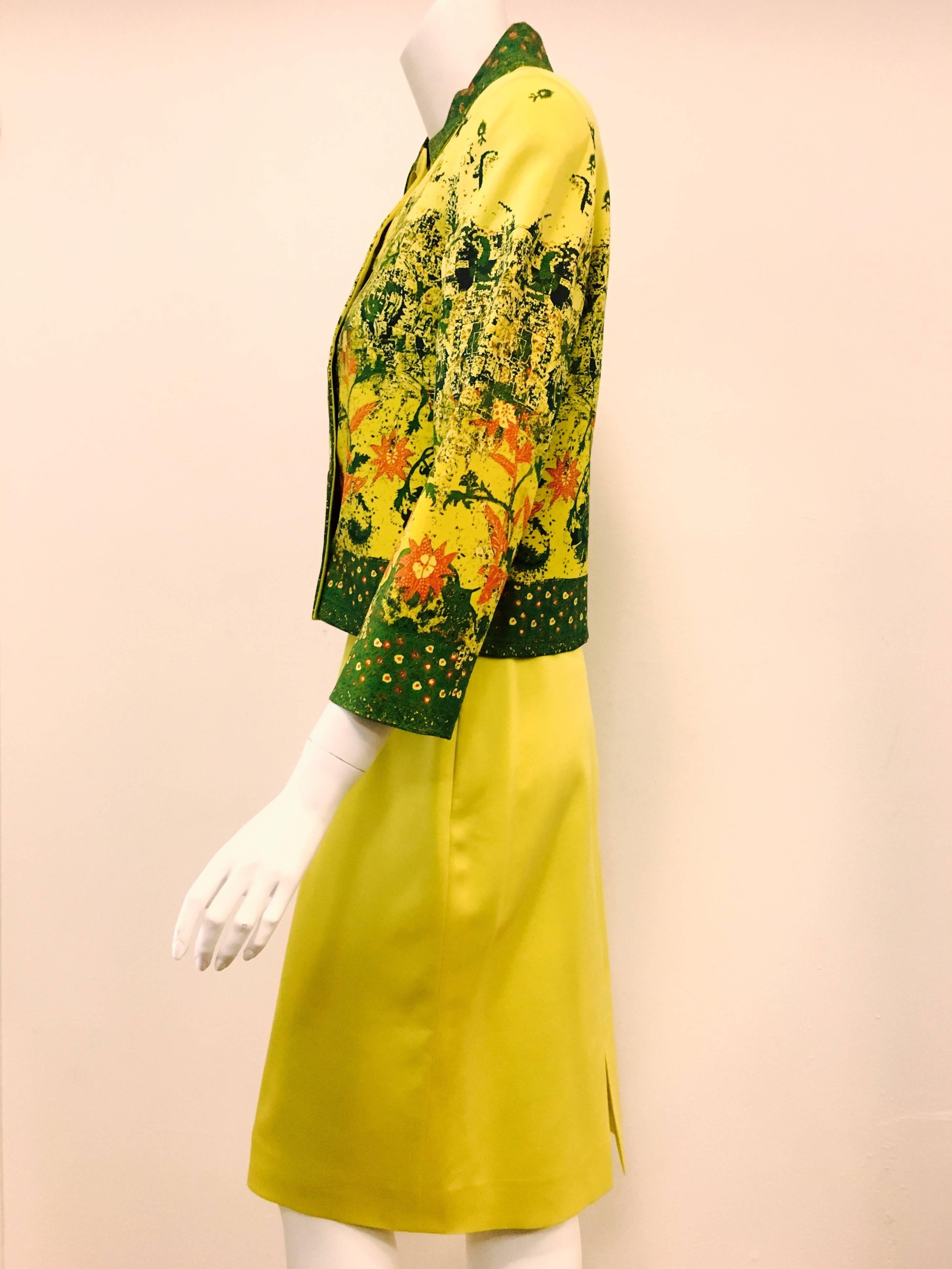 Women's Christian Lacroix Green and Citrus Yellow Skirt Suit With Hand Painted Skirt