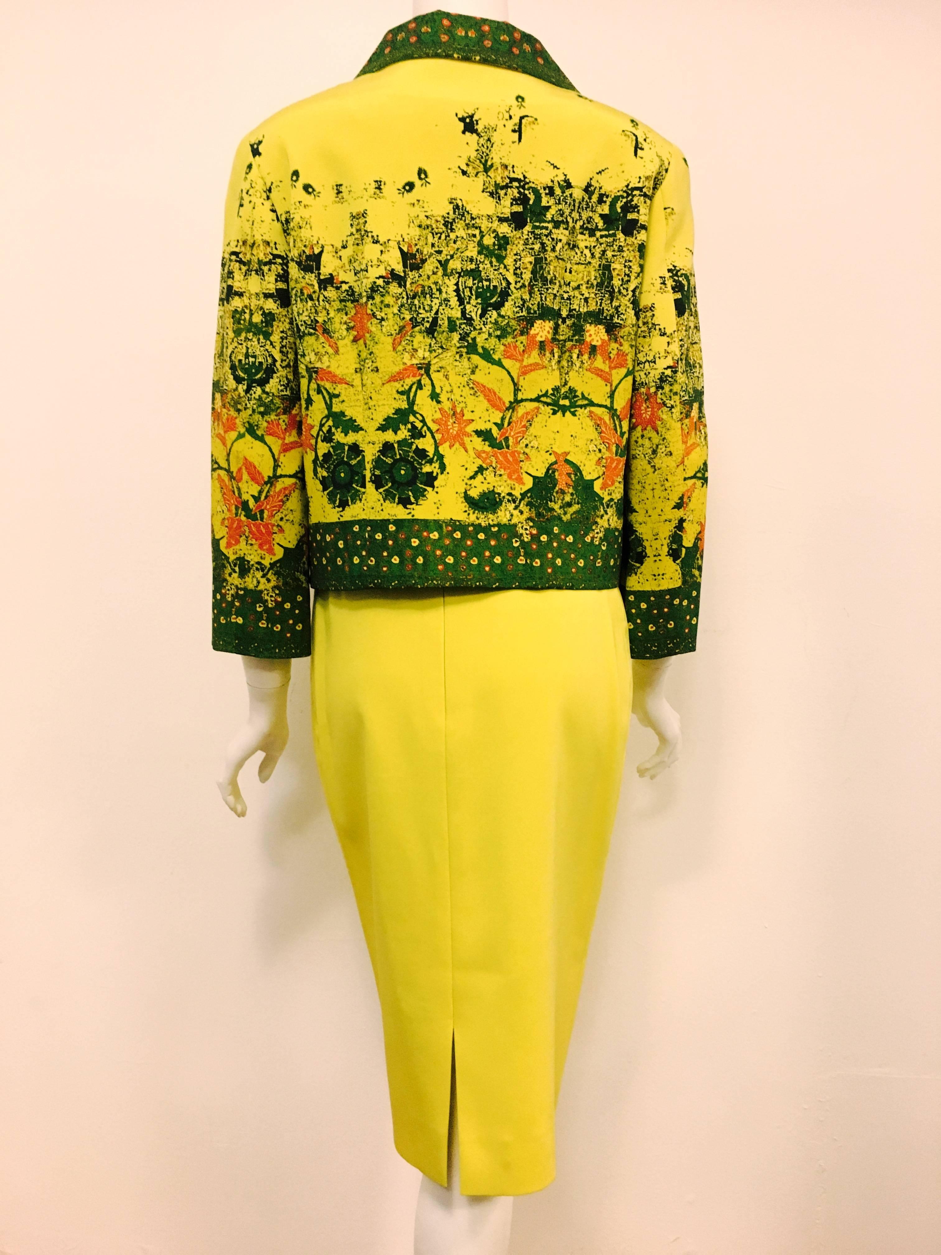 Christian Lacroix Green and Citrus Yellow Skirt Suit With Hand Painted Skirt In Excellent Condition In Palm Beach, FL