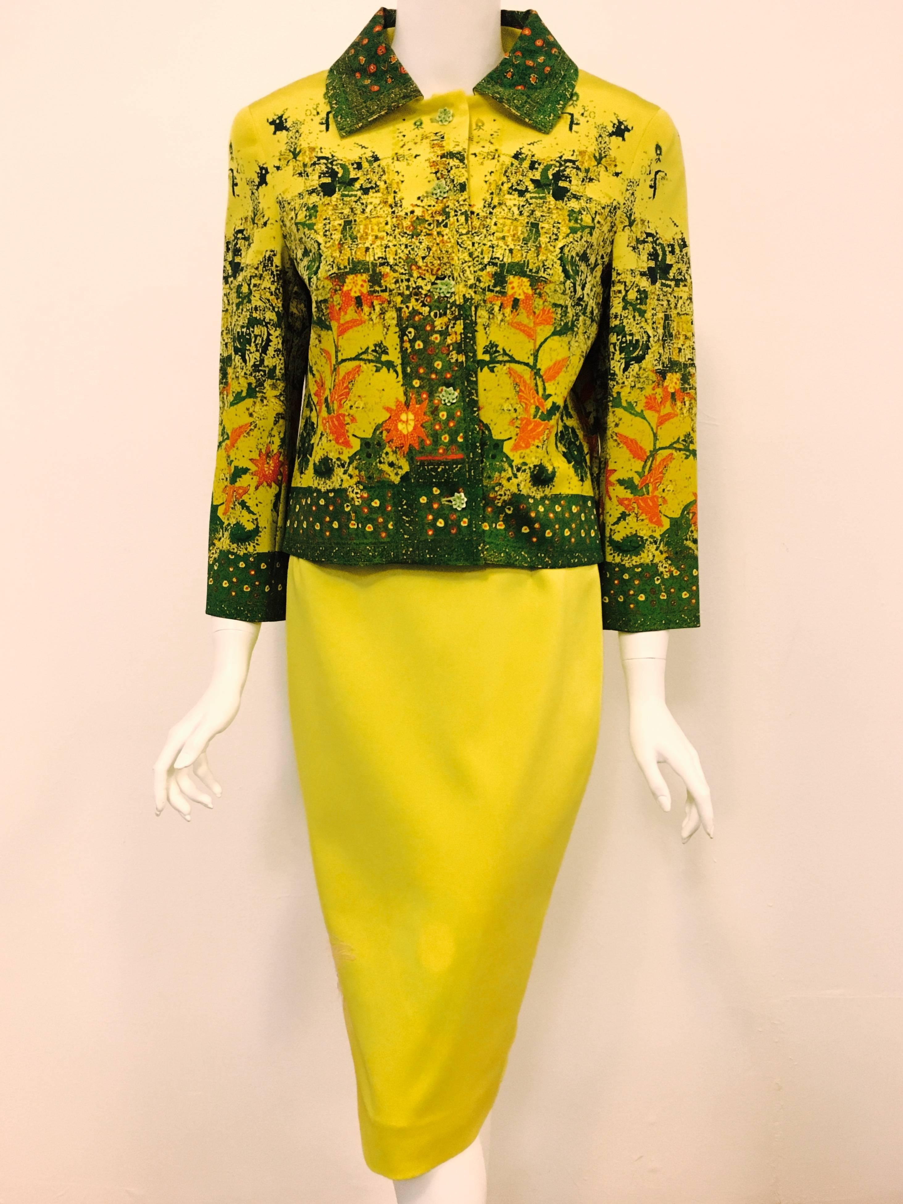 Christian Lacroix skirt suit proves why the fashion world was astounded by this French Master's work when he opened his Haute Couture house in 1987!  Simply exquisite silk blend fabric was sourced to create this sublime confection.  Only the best