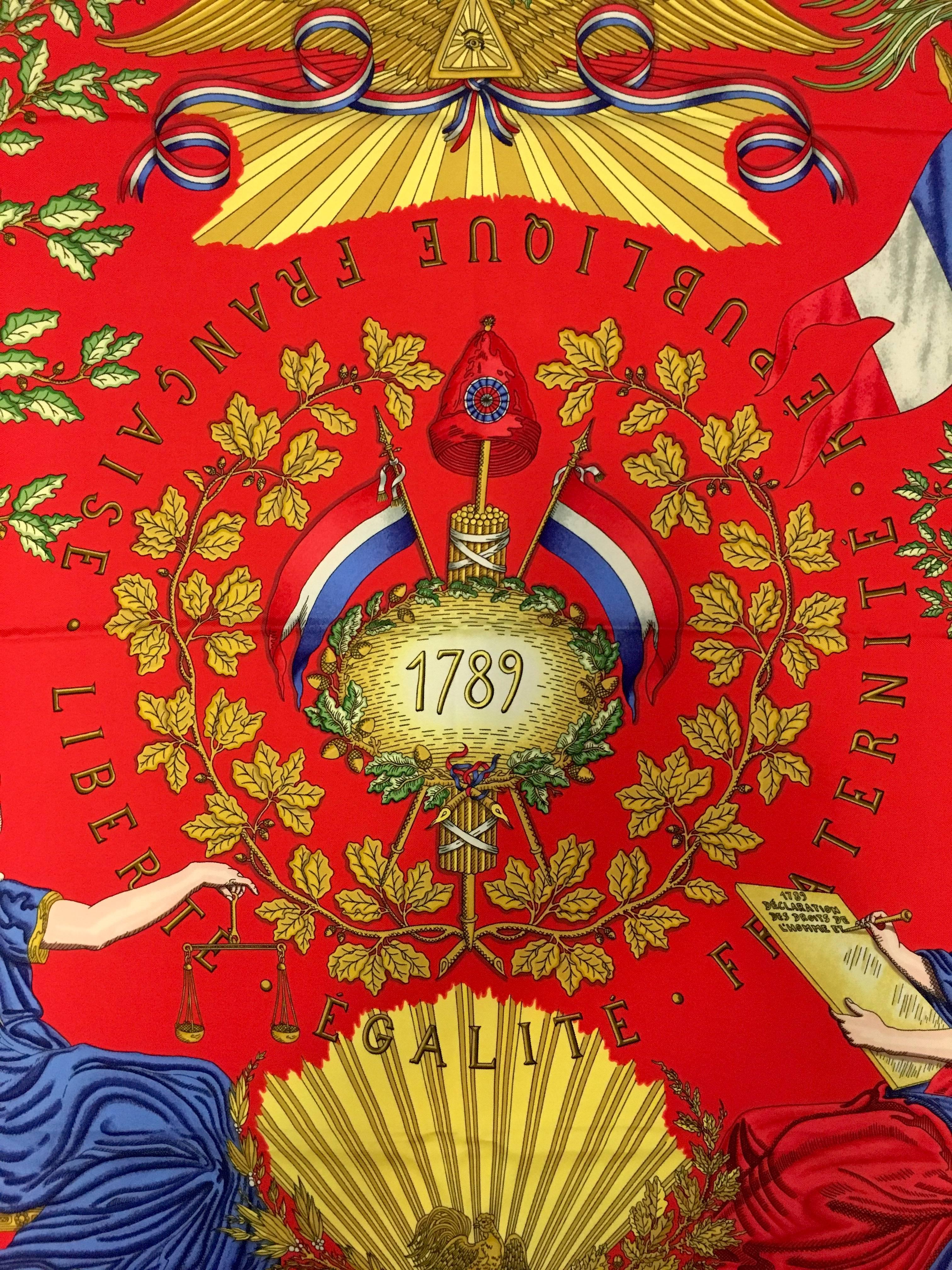 The attraction to the Hermès scarf derives from passion for the narrative. Illustration illuminates a text and tells a story and each Hermès design has a theme, a history and a story to tell. “1789 Liberte Egalite Fraternite” from Hermès artist