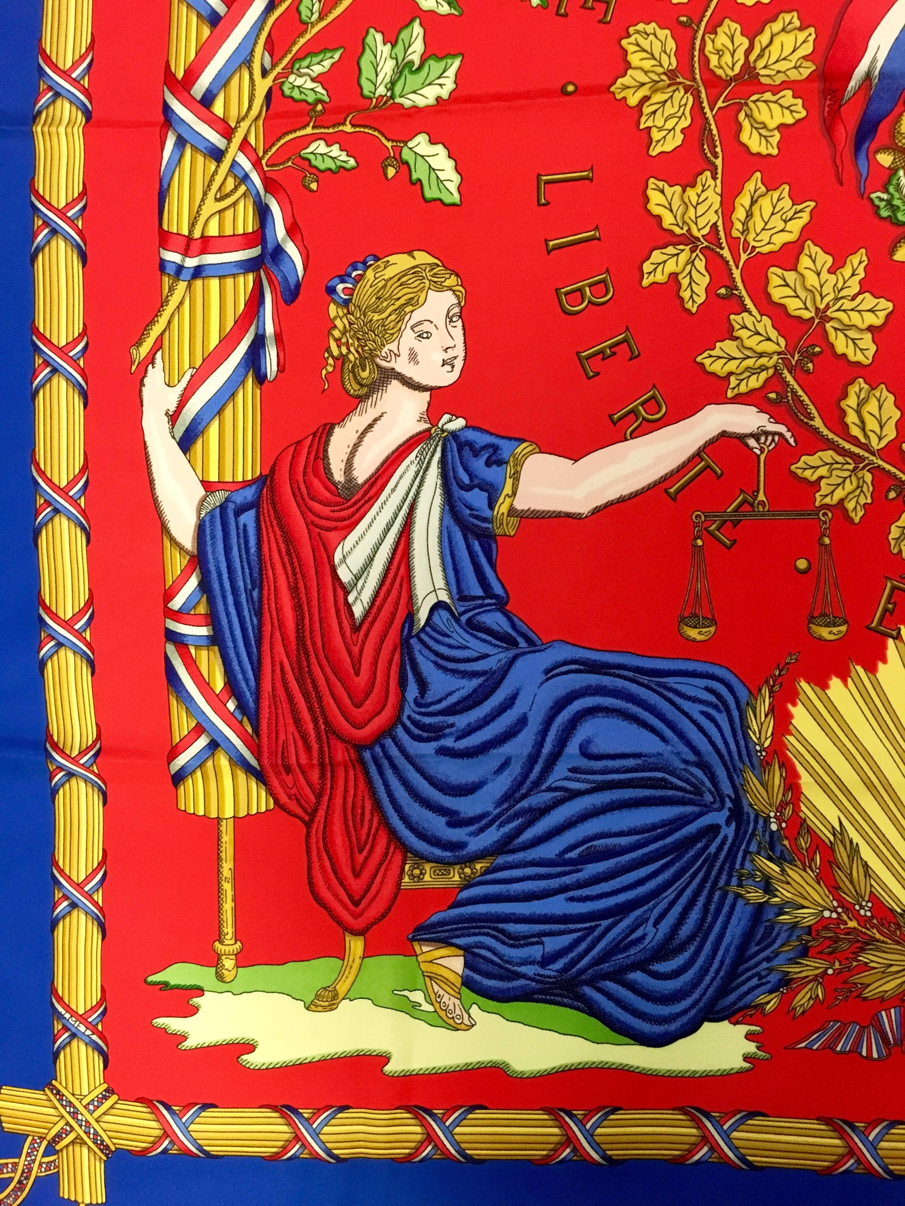 Red Hermes Silk Liberte, Egalite and Fraternite Commemorative Scarf