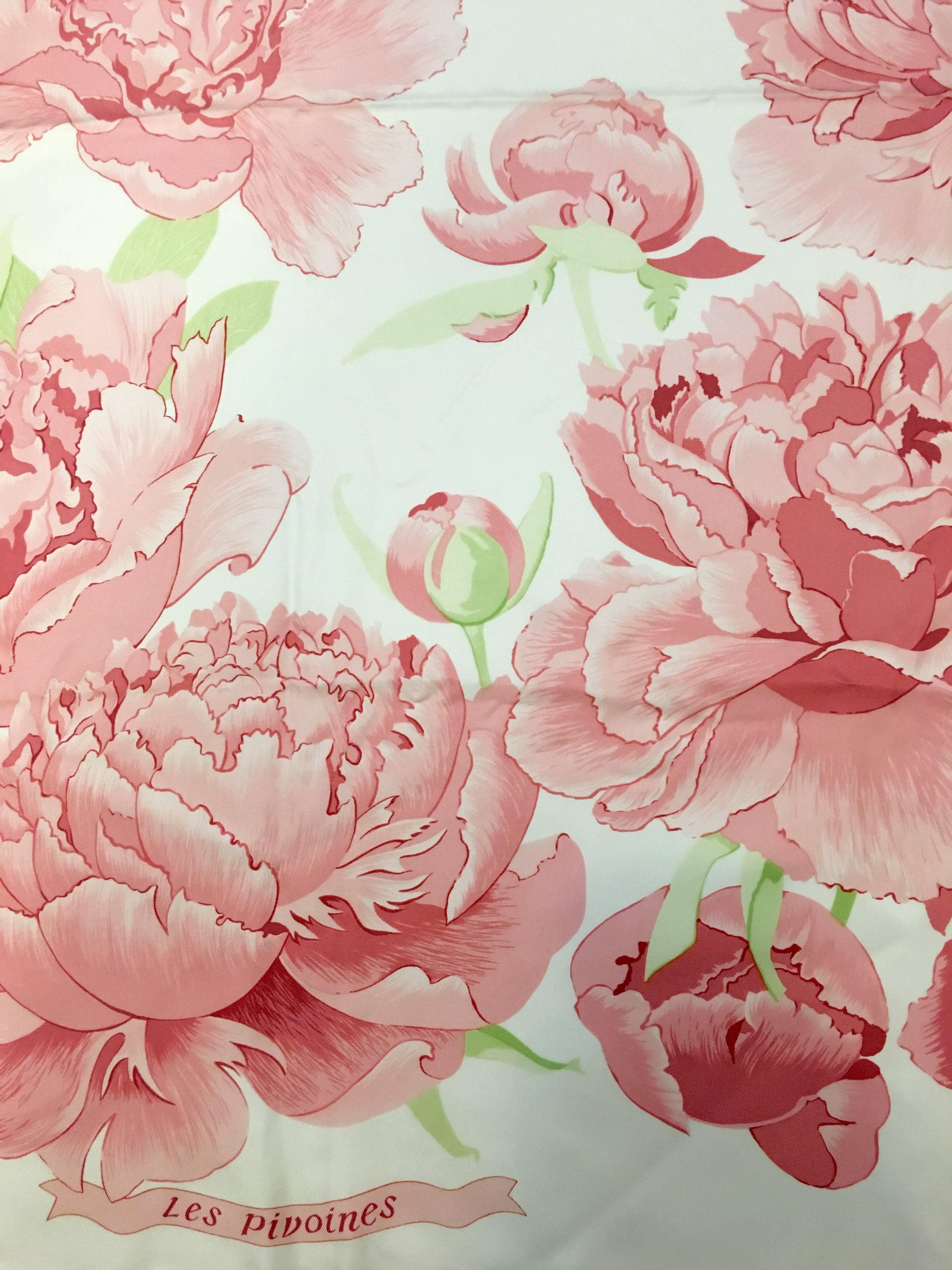 Artist Christiane Vauzelles captured the beauty of peonies in this magnificent silk Hermes scarf.  Hermes scarves are collected world wide for their colorful designs.  This 35