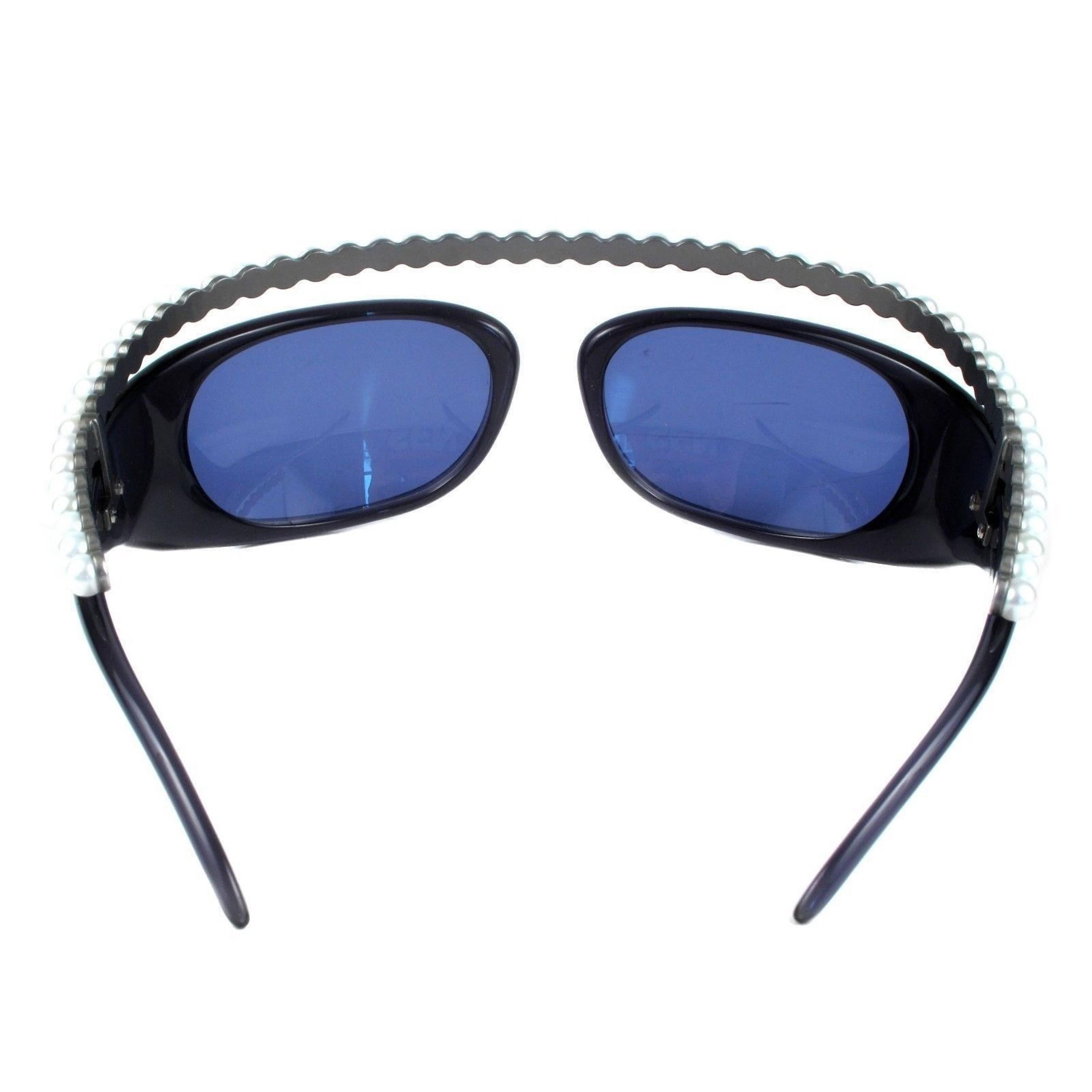 Purple Rare Highly Collectible Chanel 2003 Black Wraparound Sunglasses With Pearls