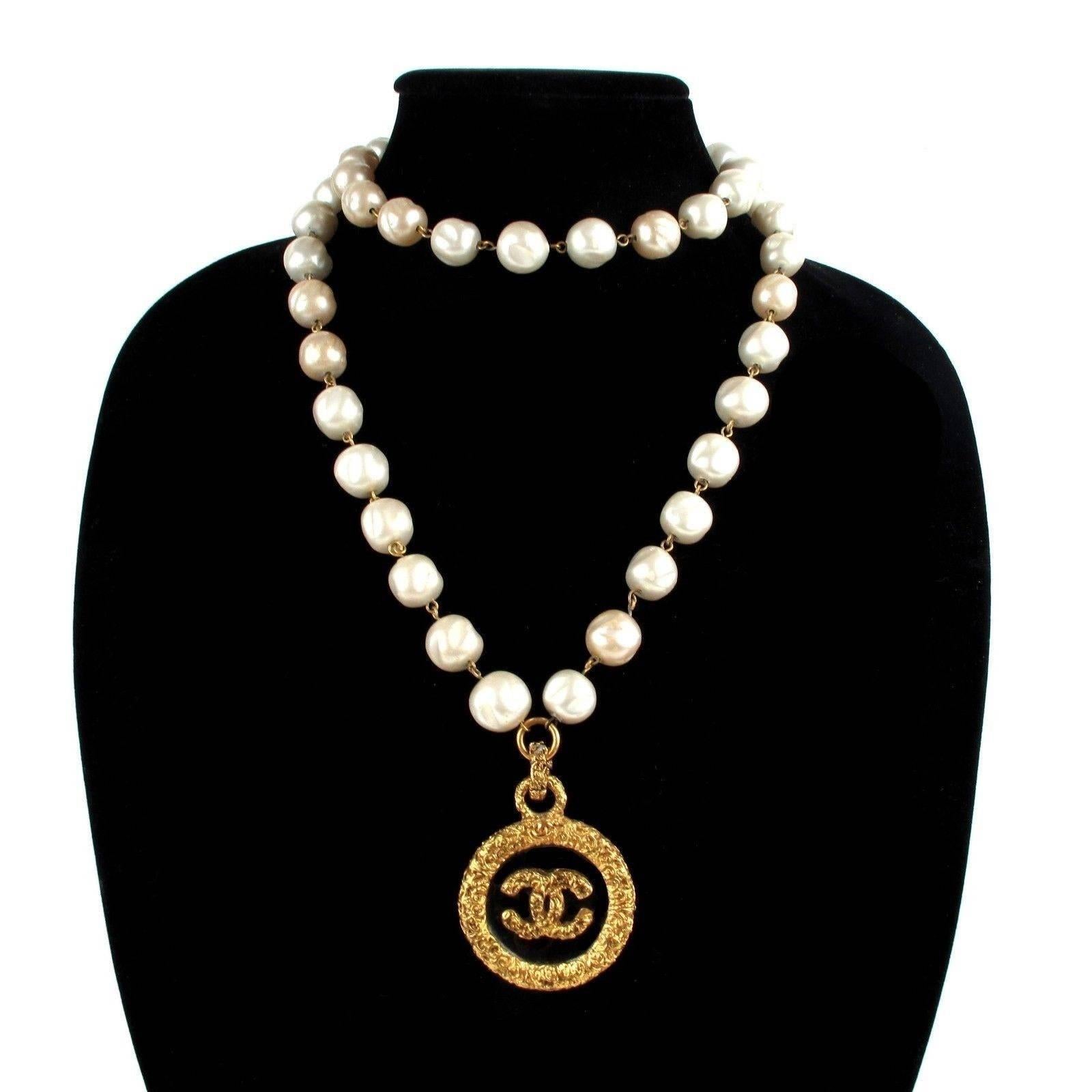 Contemporary 1993 Chanel Glass Pearl Necklace with CC Logo Drop