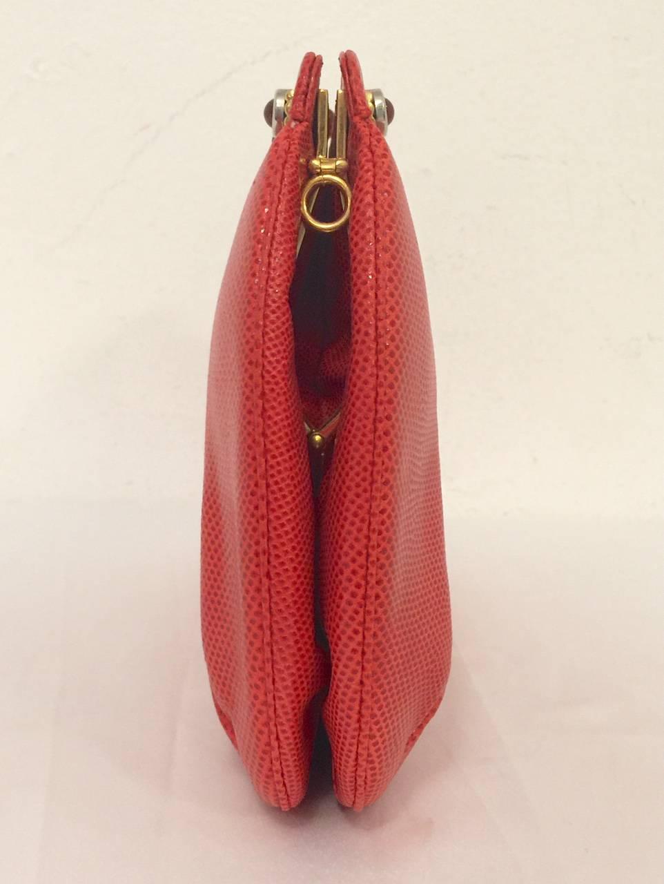 Vintage Red Lizard Judith Leiber Convertible Clutch With Semi Precious Jewels 1