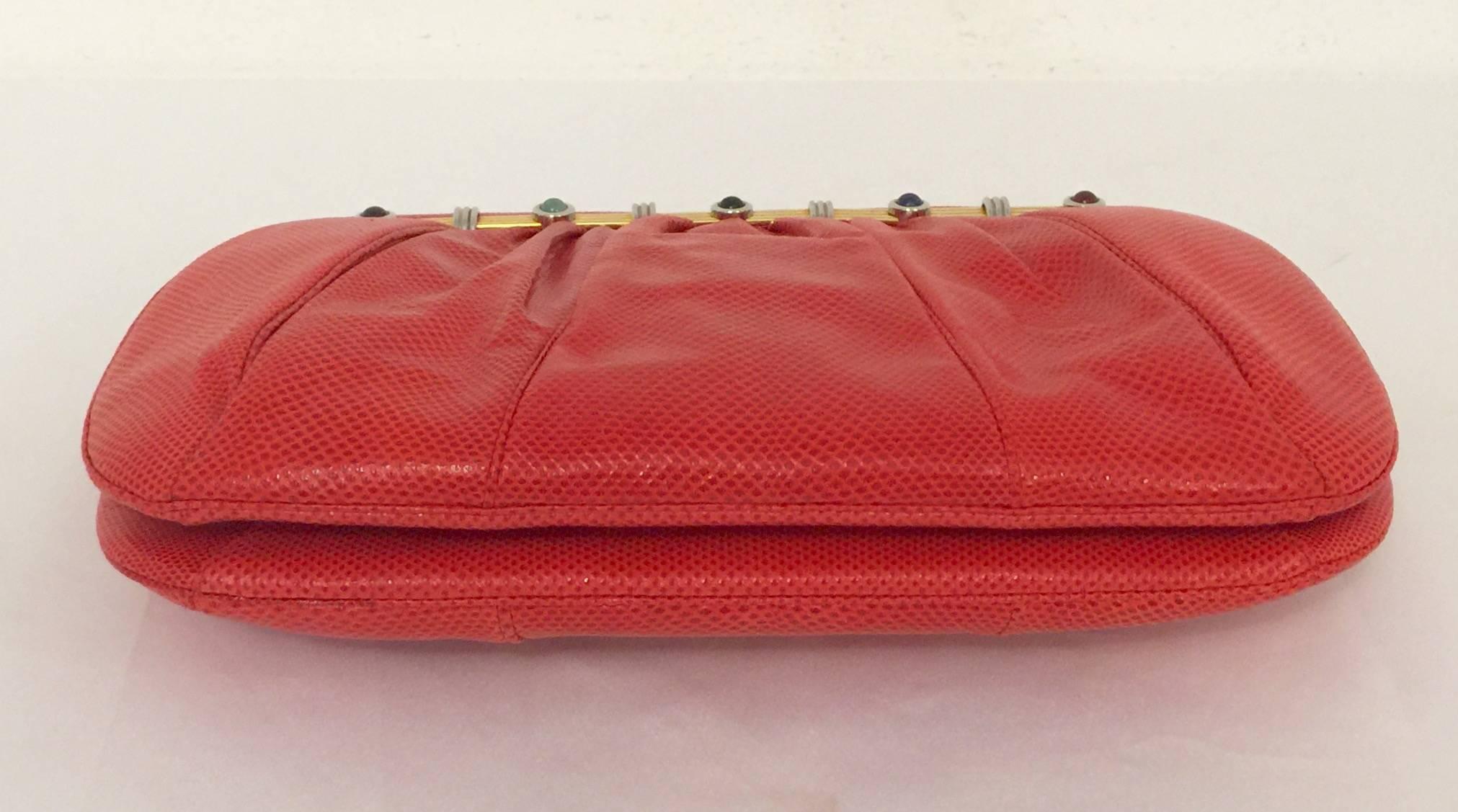 Vintage Red Lizard Judith Leiber Convertible Clutch With Semi Precious Jewels 2