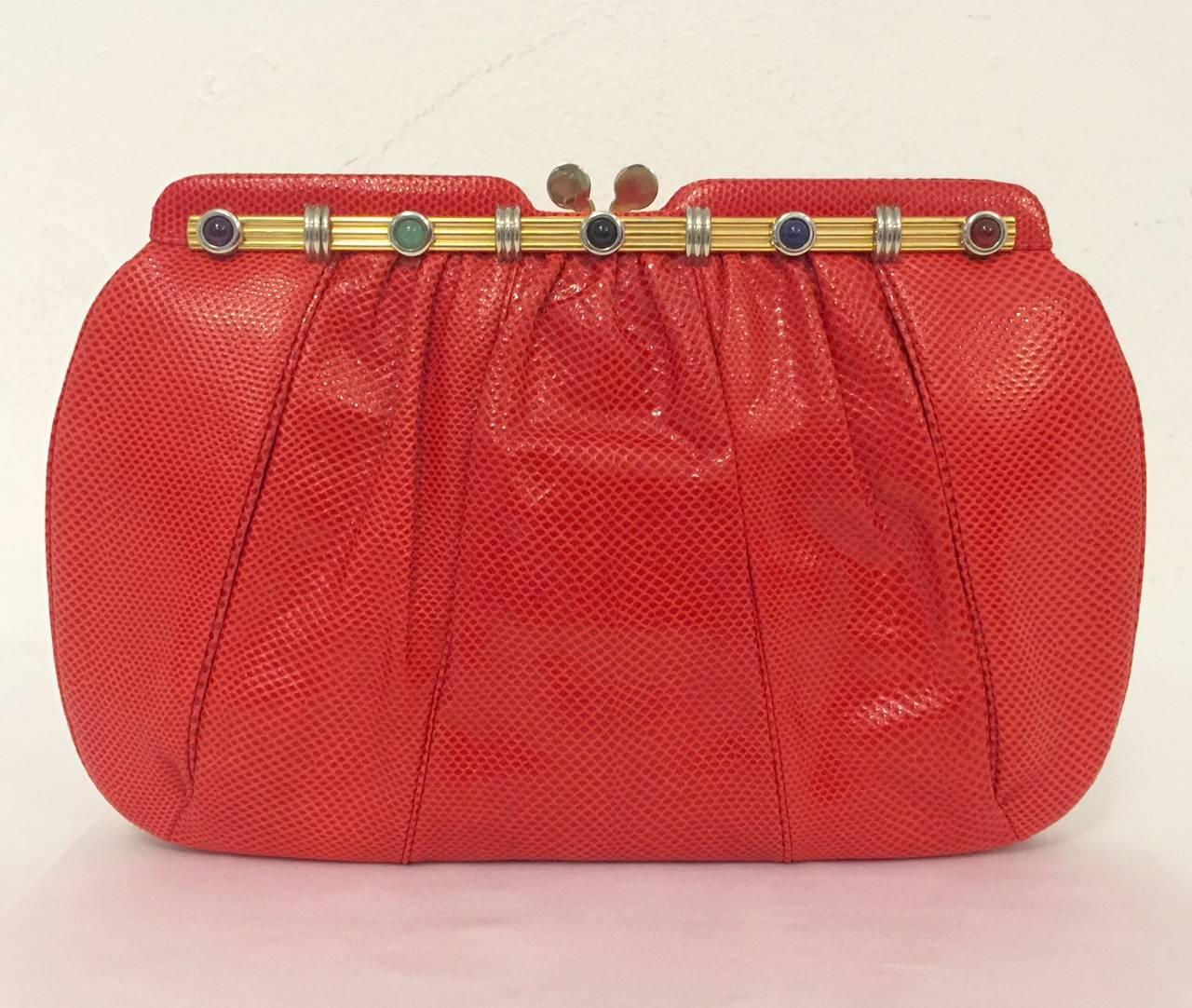 Women's Vintage Red Lizard Judith Leiber Convertible Clutch With Semi Precious Jewels