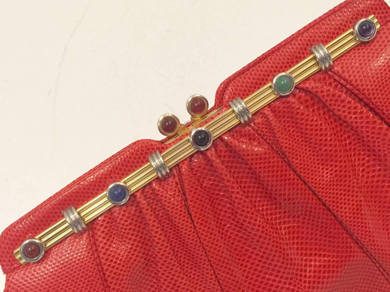Vintage Red Lizard Judith Leiber Convertible Clutch With Semi Precious Jewels In Excellent Condition In Palm Beach, FL