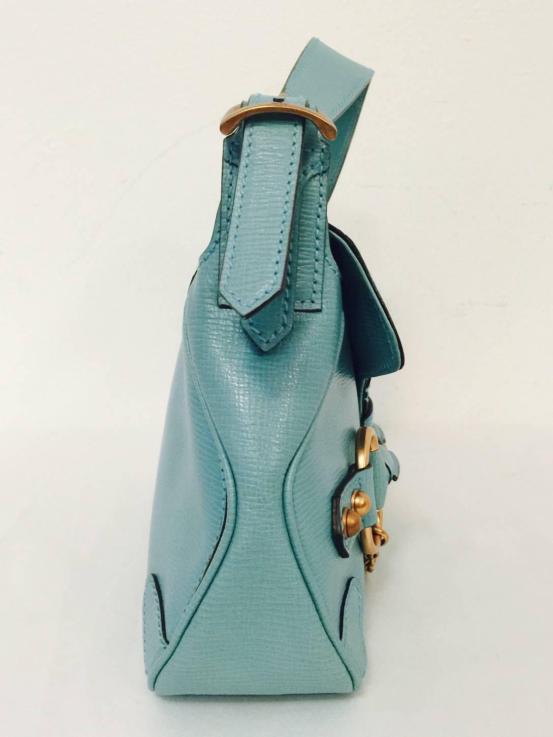 Gucci Textured Aqua Leather Shoulder Flap Bag W. Large Brass and Leather Bit  In Excellent Condition In Palm Beach, FL
