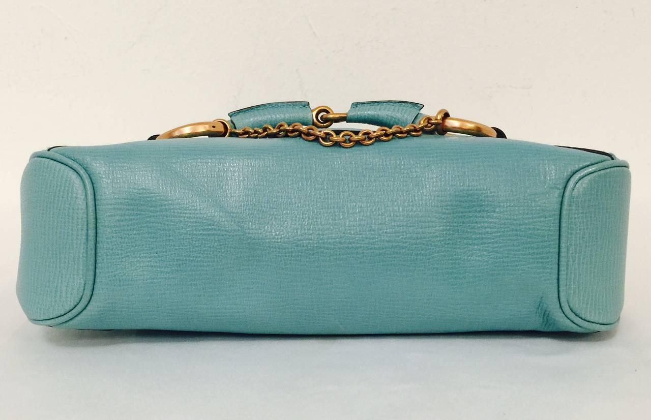Women's Gucci Textured Aqua Leather Shoulder Flap Bag W. Large Brass and Leather Bit 