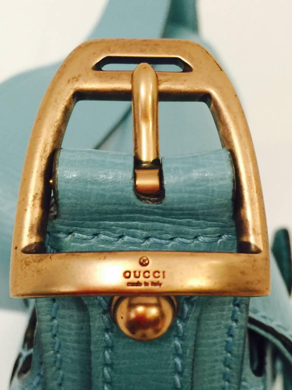 Gucci Textured Aqua Leather Shoulder Flap Bag W. Large Brass and Leather Bit  1
