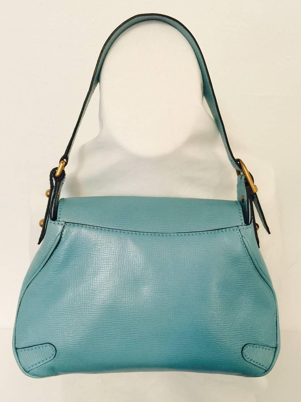 Blue Gucci Textured Aqua Leather Shoulder Flap Bag W. Large Brass and Leather Bit 