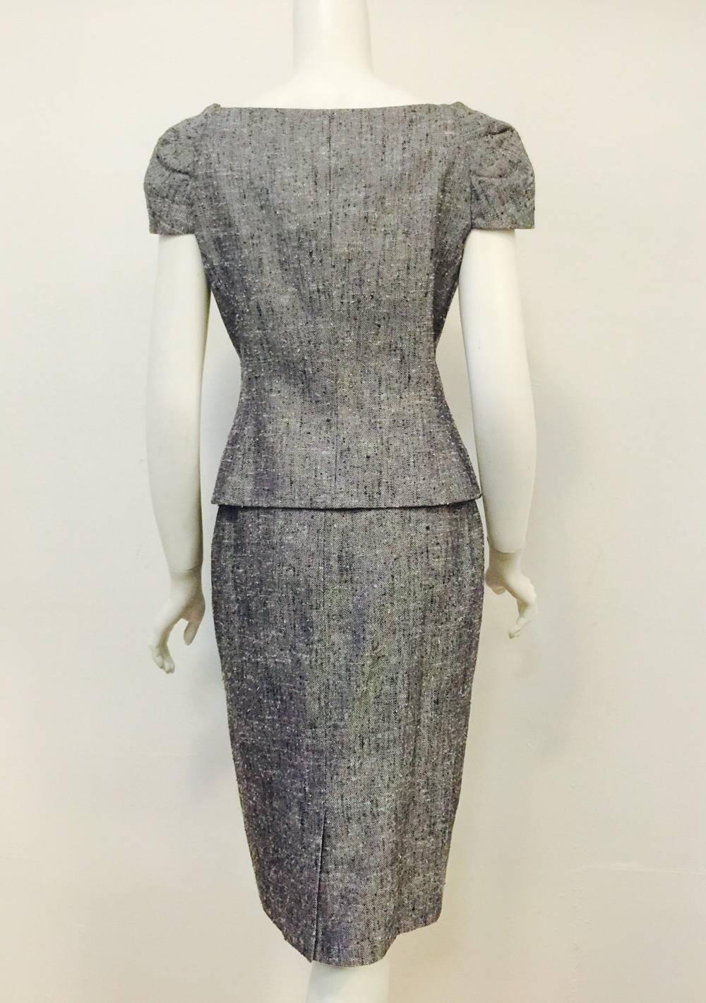 Christian Dior Navy Blue and Ivory Raw Silk Cap Sleeve Skirt Suit  In Excellent Condition In Palm Beach, FL