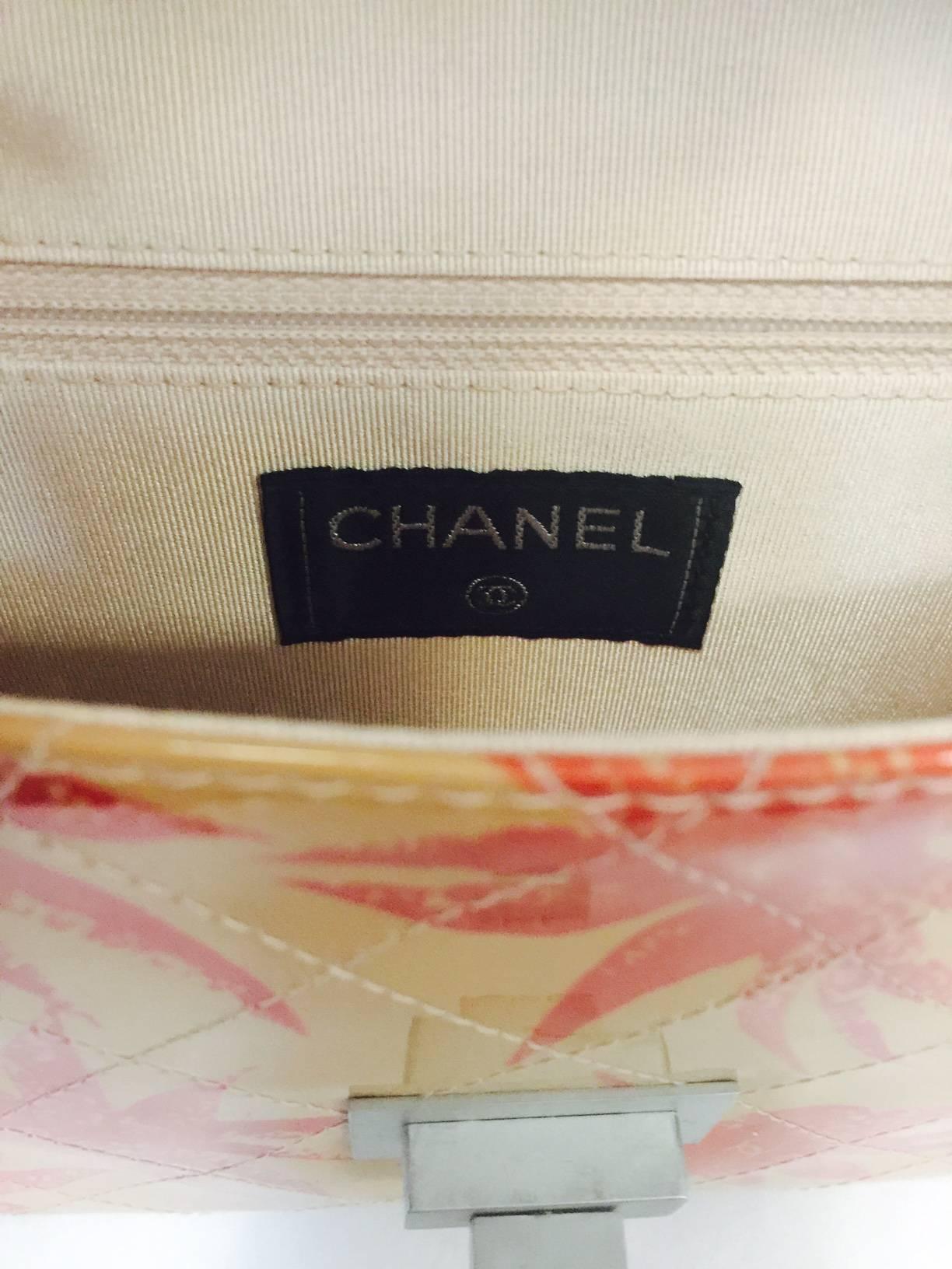 Chanel Reissue 225 Beige Patent Diamond Quilted Flap Bag W Red Floral Print 3