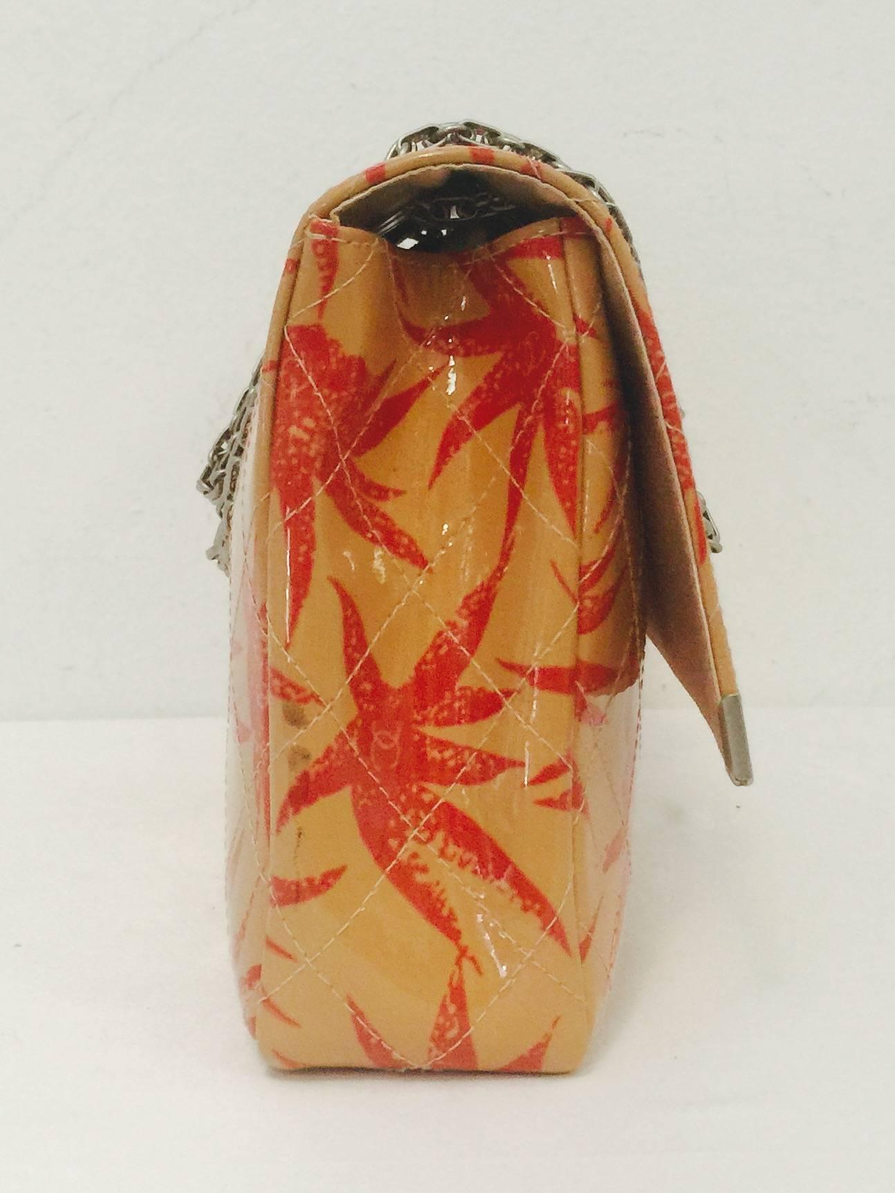 Orange Chanel Reissue 225 Beige Patent Diamond Quilted Flap Bag W Red Floral Print