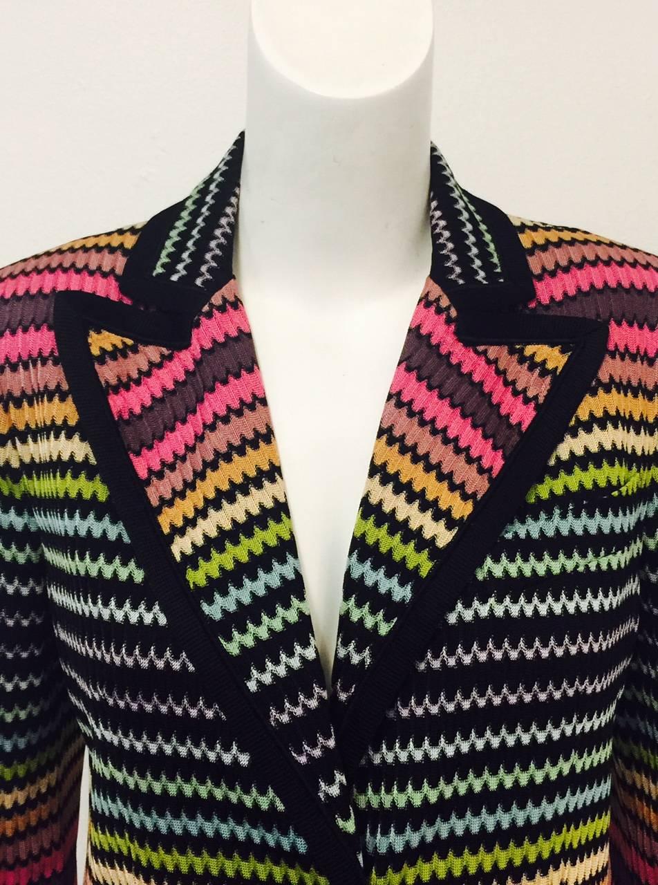 Black Missoni Multi-Colored Zig Zag Pattern Knit Blazer With Peaked Lapels 