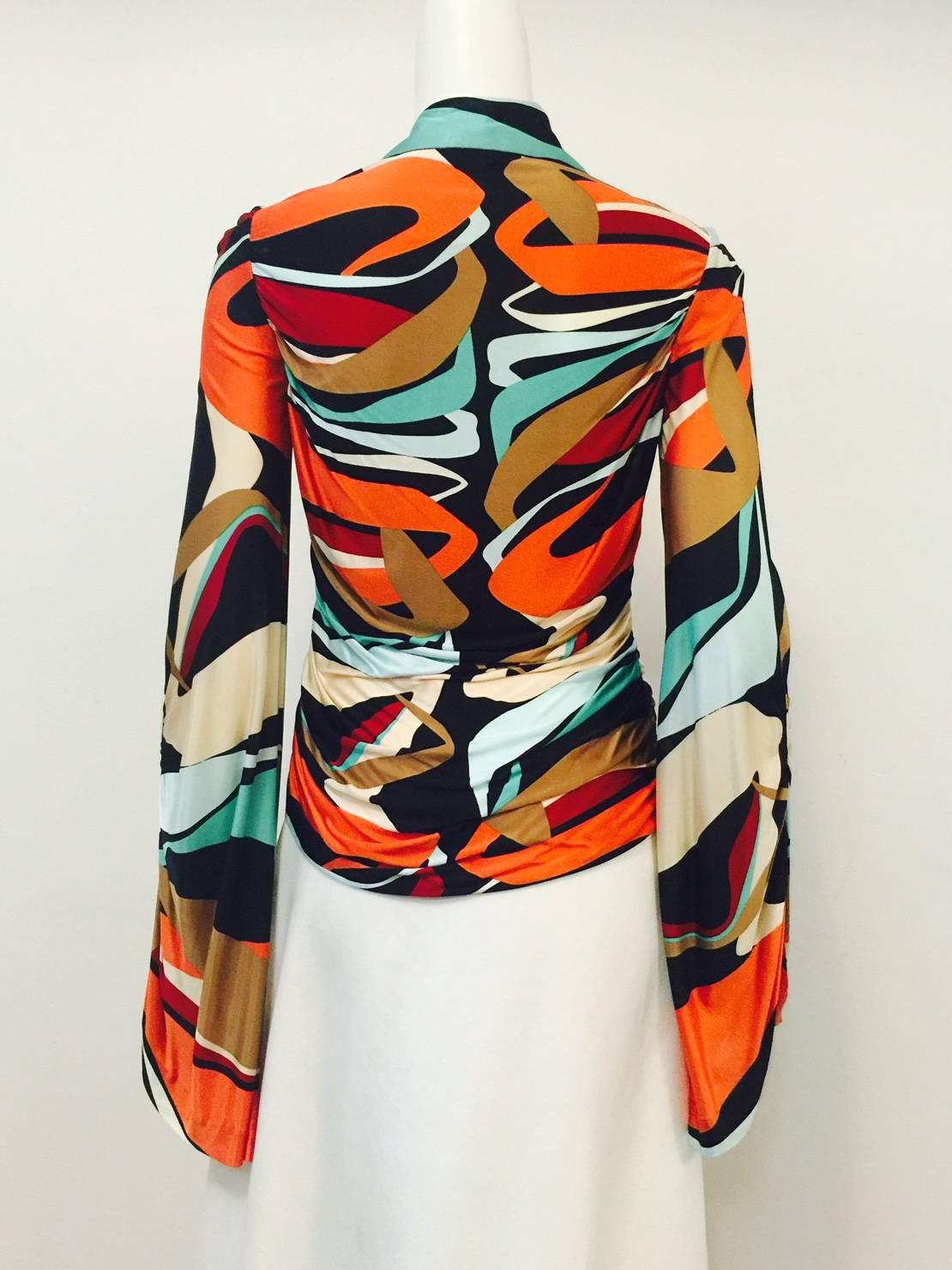 Brown Magnificent Missoni Ruched Abstract Print Viscose Blouse With Bell Sleeves