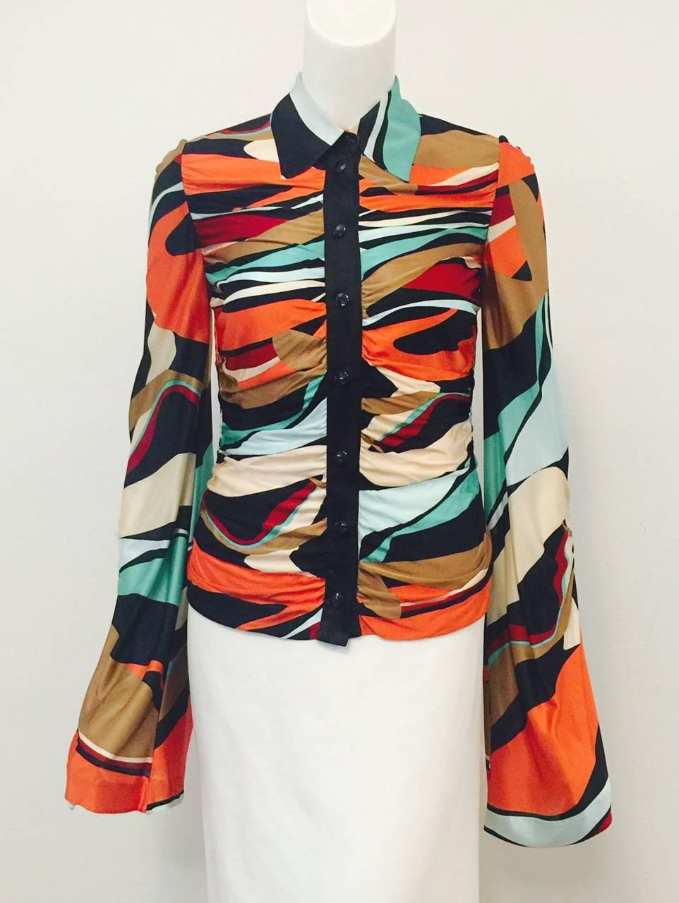 Women's Magnificent Missoni Ruched Abstract Print Viscose Blouse With Bell Sleeves