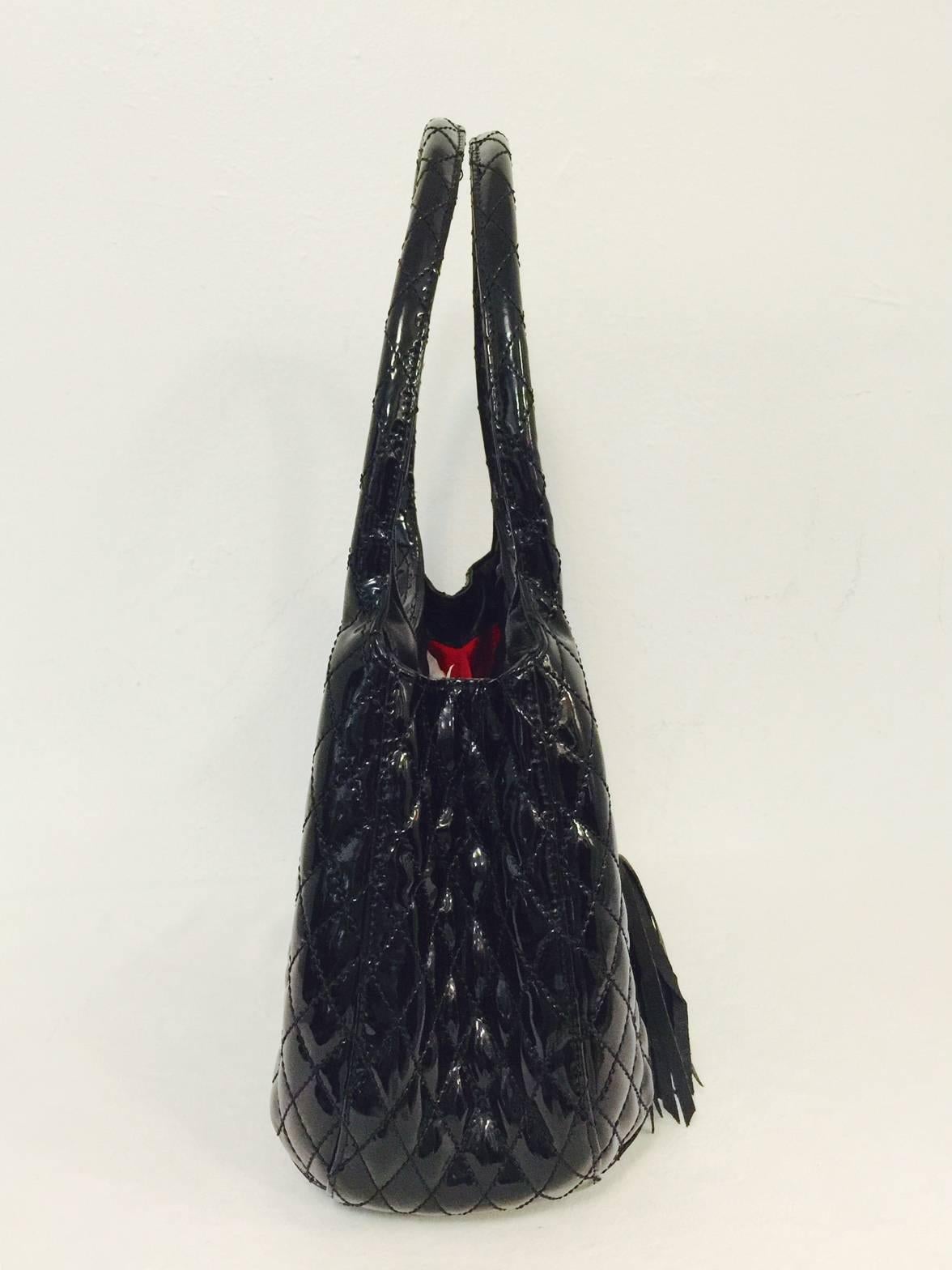 Women's Eric Javits Black Patent Diamond Quilted Shoulder Bag With Tassel 