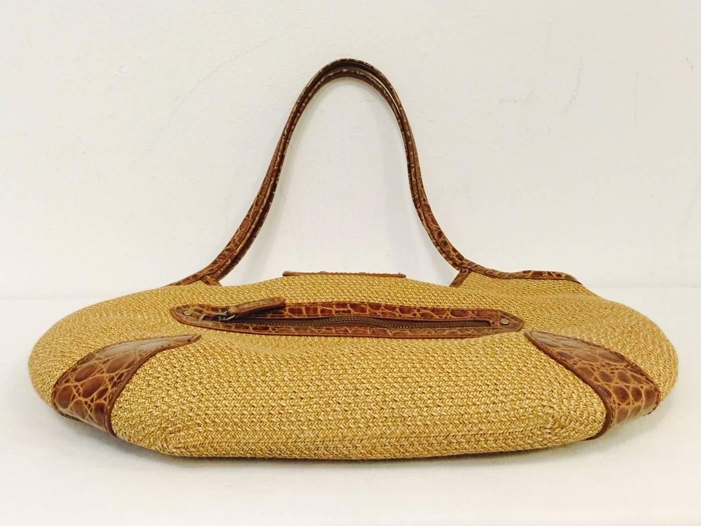 Brown Eric Javits Tan Jute Hobo Bag With Crocodile Embossed Leather Trim