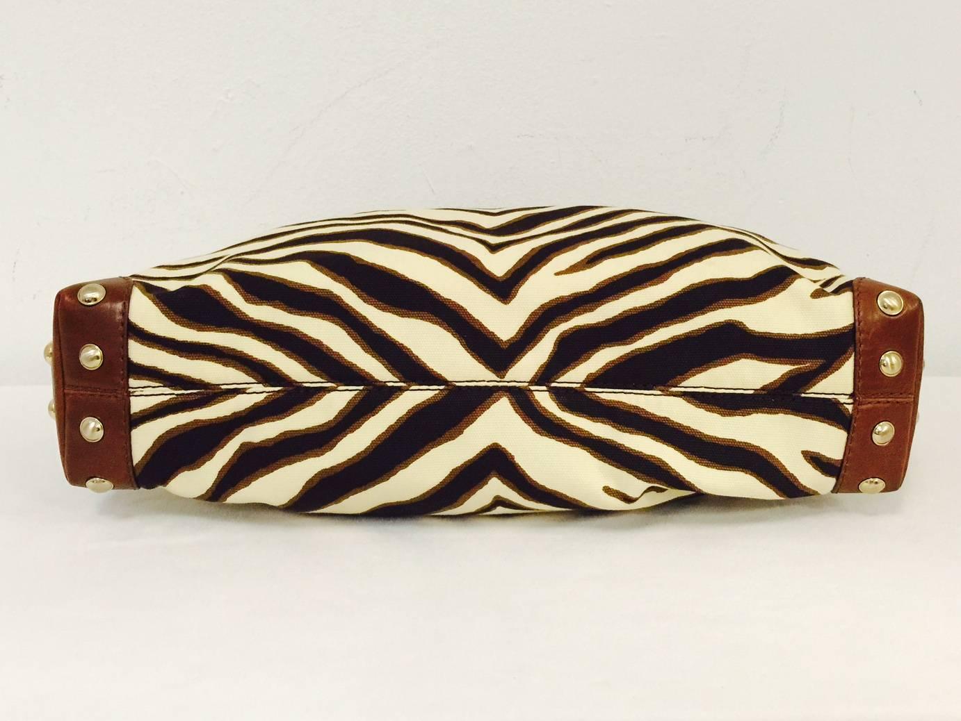 MICHAEL Michael Kors Zebra Print Canvas Hobo With Toffee Leather Trim In Excellent Condition In Palm Beach, FL
