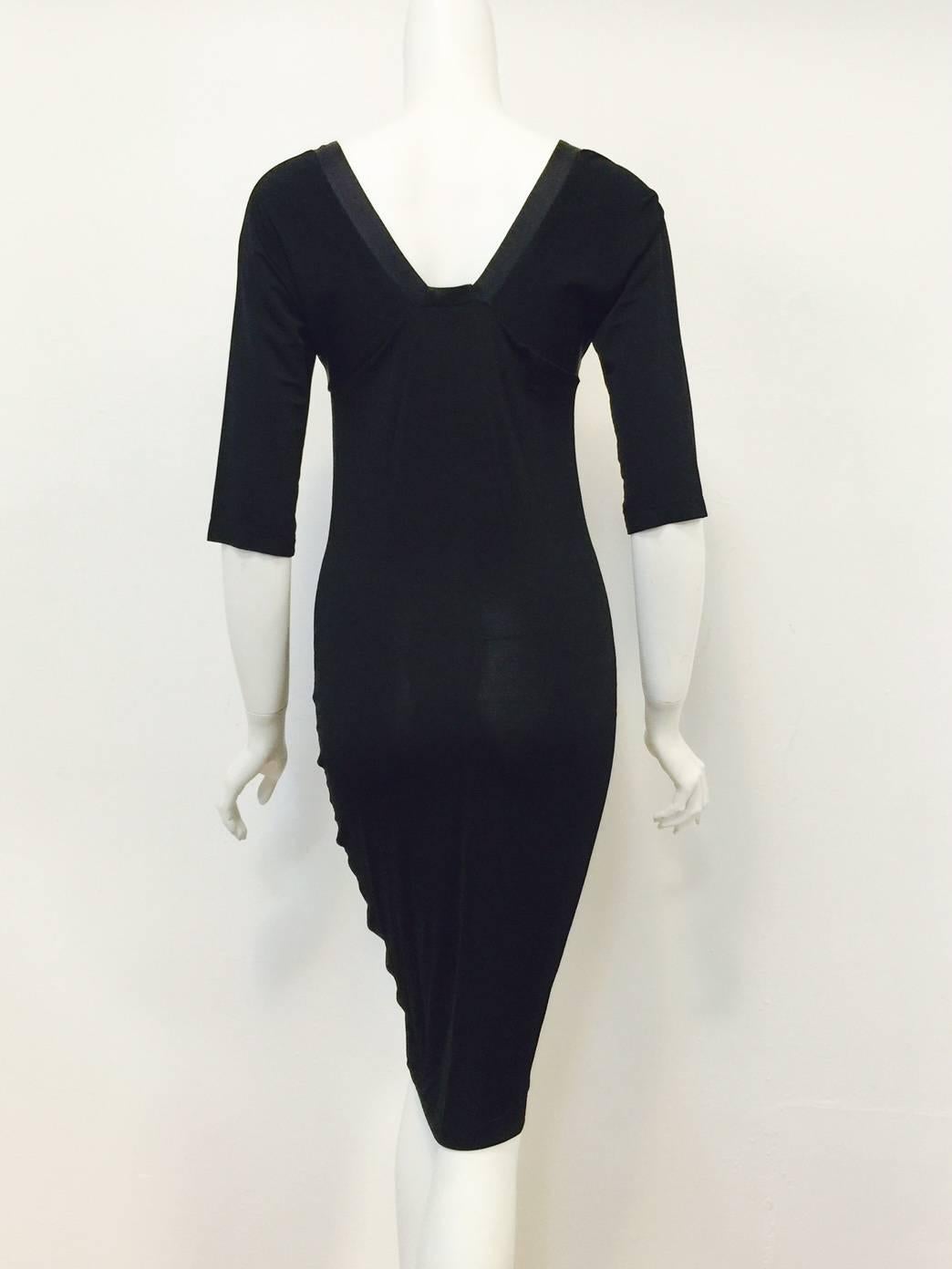 Just Cavalli Black Viscose Body Conscious Ruched Sheath Dress With Ruffles In Excellent Condition In Palm Beach, FL