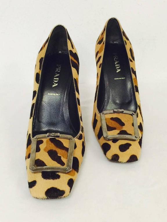 Prada Leopard Print Pony Skin Square Toe Pumps With Stacked Heels at ...