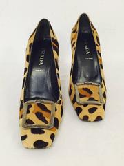 Prada Leopard Print Pony Skin Square Toe Pumps With Stacked Heels